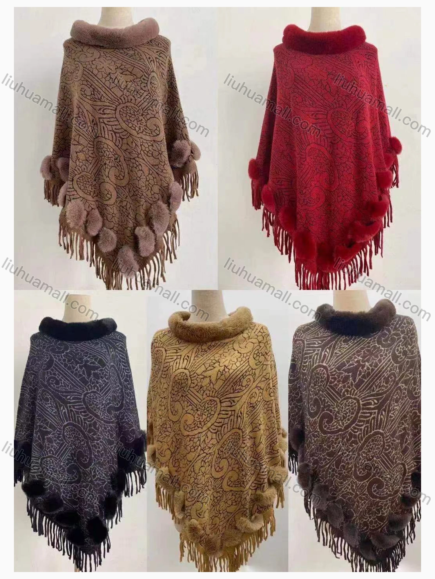 Wholesale Women's Causal Fashion Allover Print Tassel Fuzzy Cape - Liuhuamall