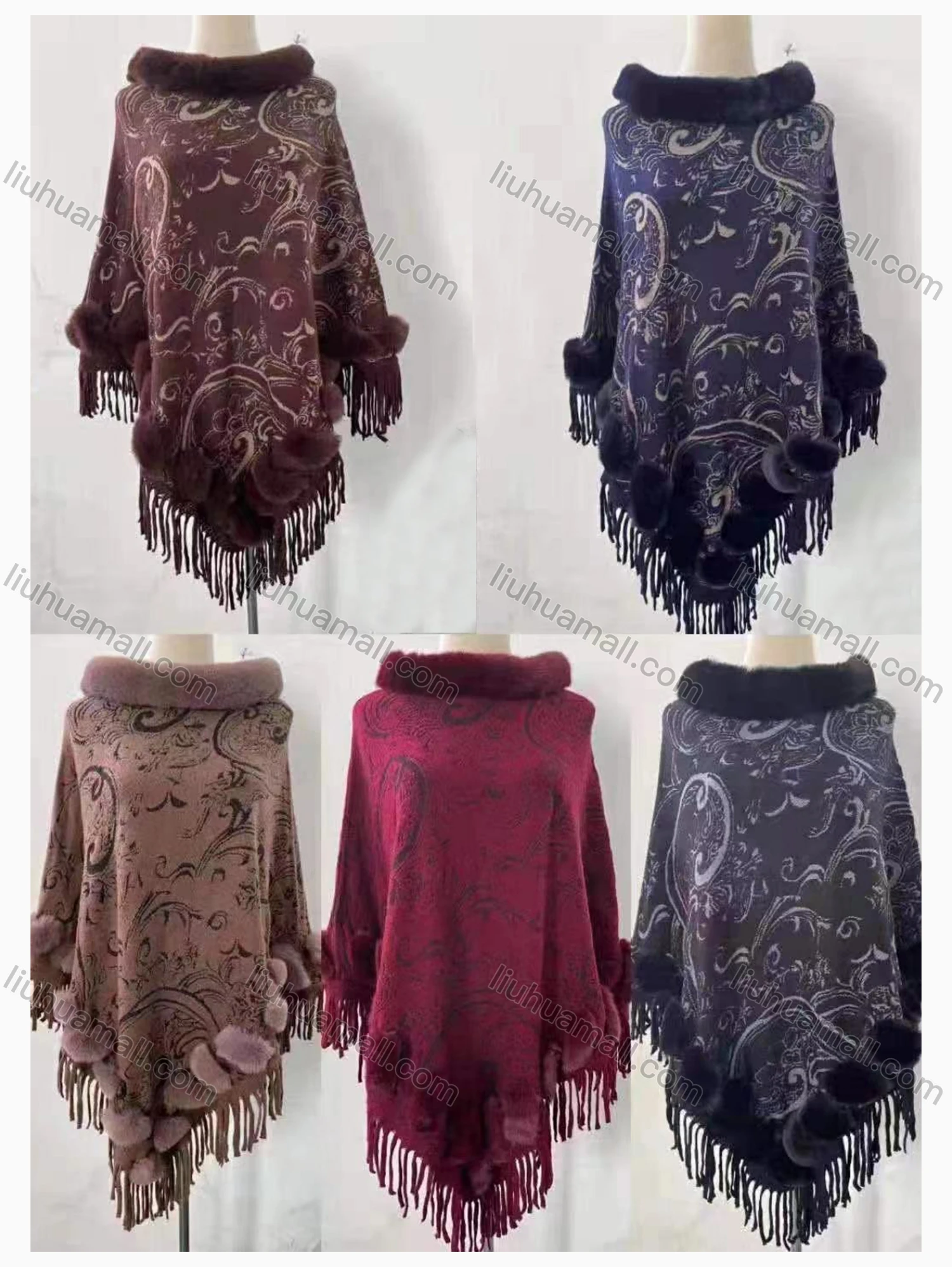 Wholesale Women's Causal Fashion Allover Print Tassel Fuzzy Cape - Liuhuamall