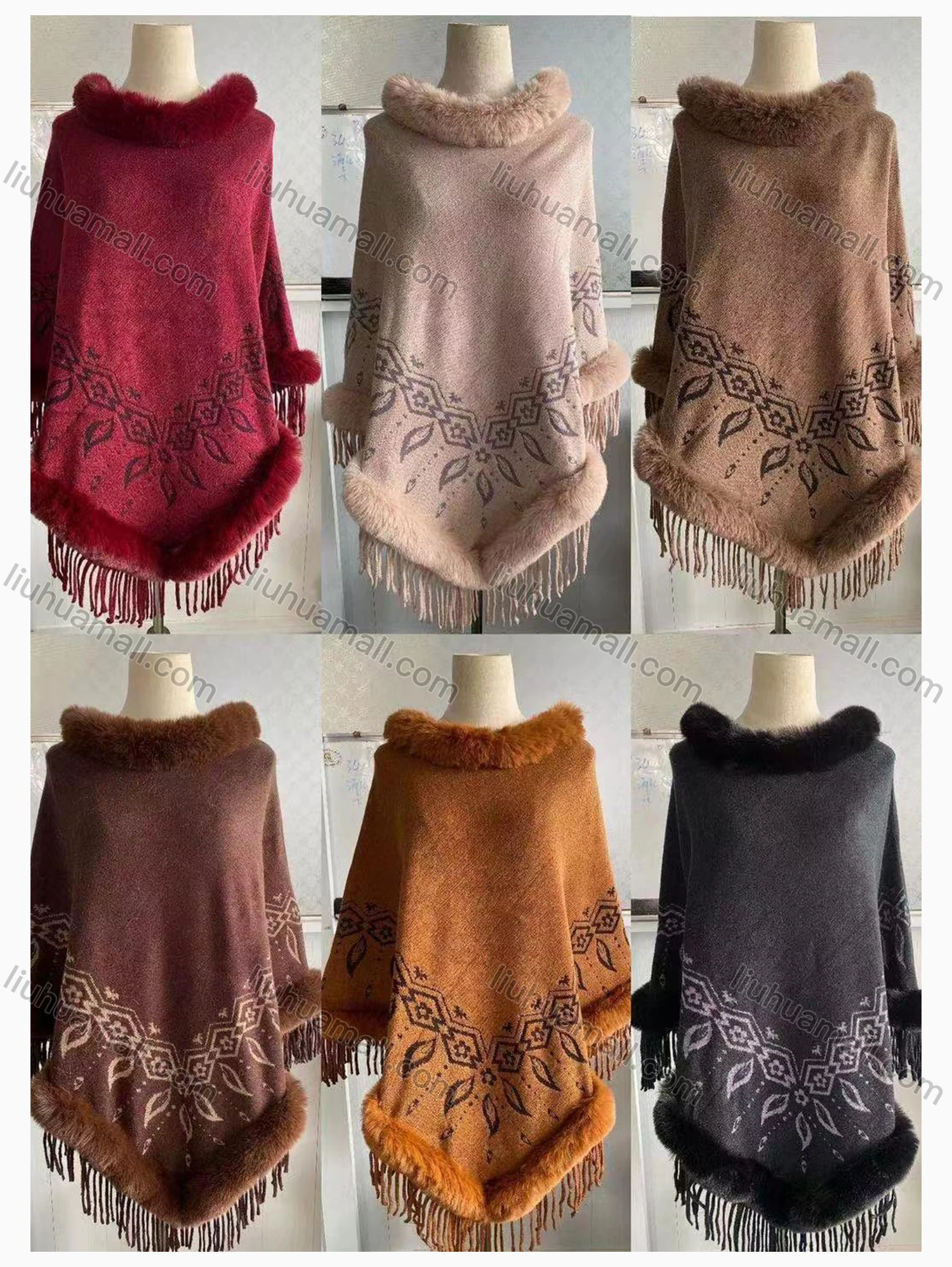 Wholesale Women's Causal Fashion Allover Print Tassel Fuzzy Cape - Liuhuamall