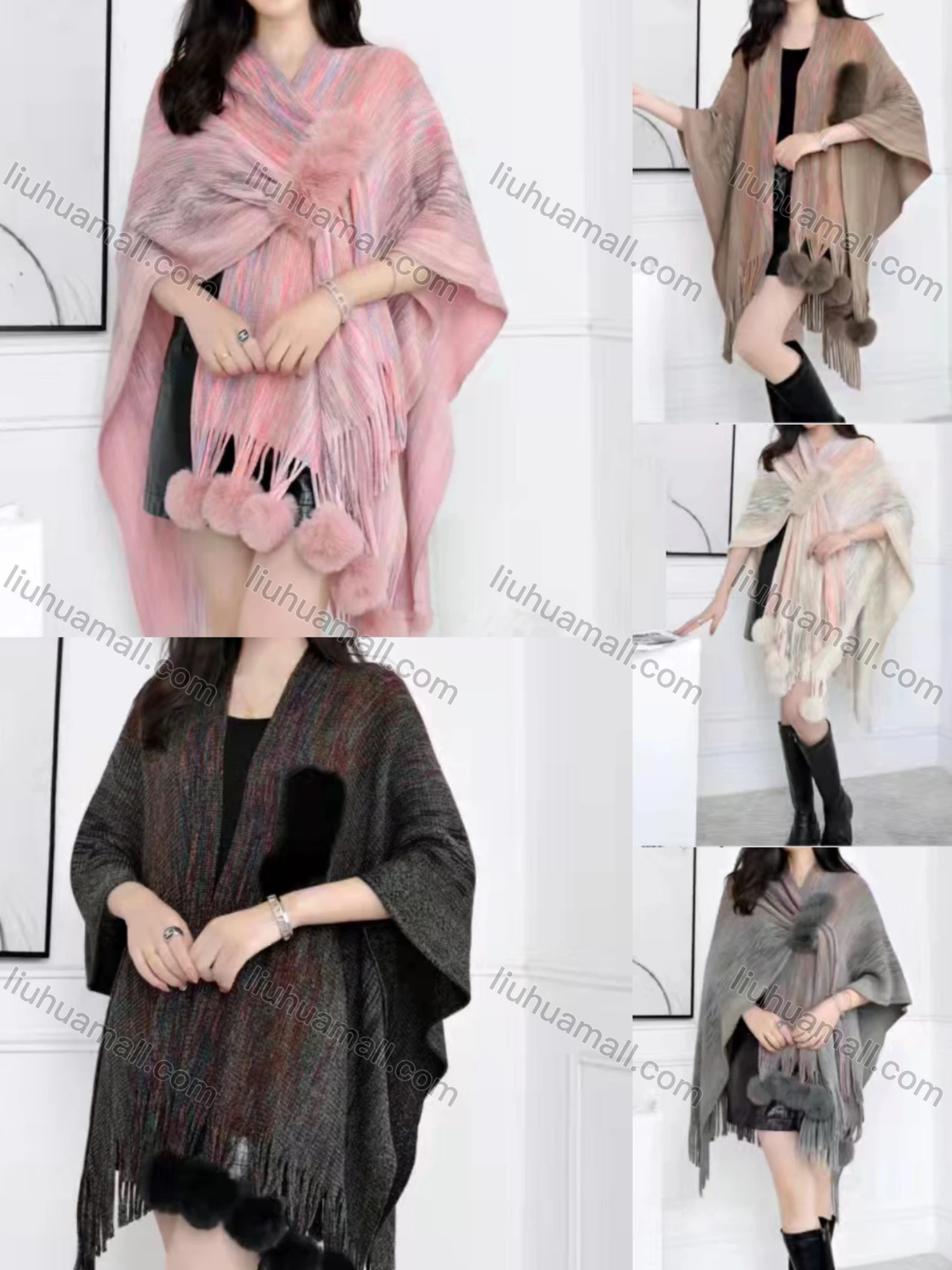 Wholesale Women's Causal Fashion Striped Tassel Fuzzy Cape - Liuhuamall