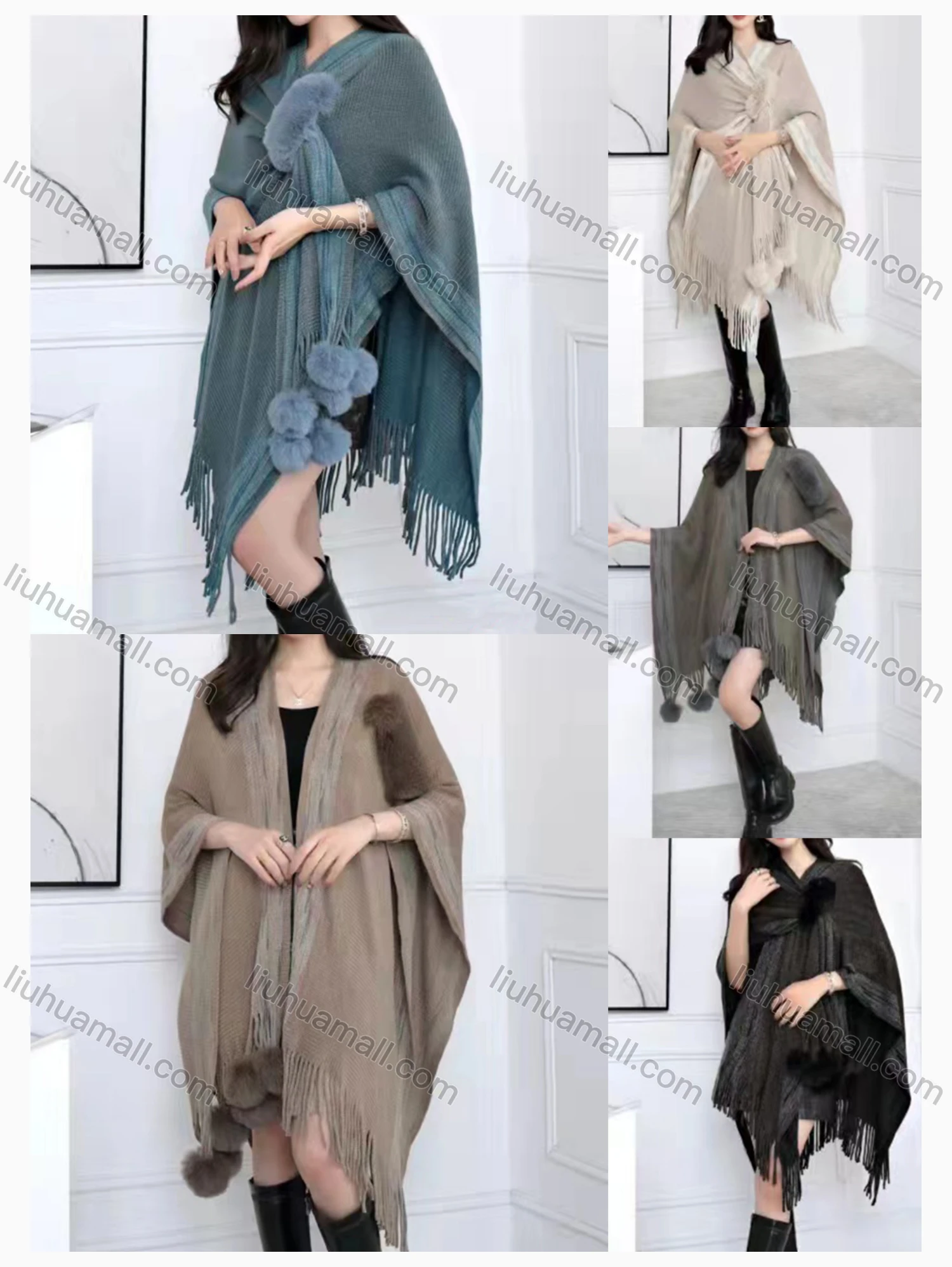 Wholesale Women's Causal Fashion Plain Tassel Fuzzy Cape - Liuhuamall