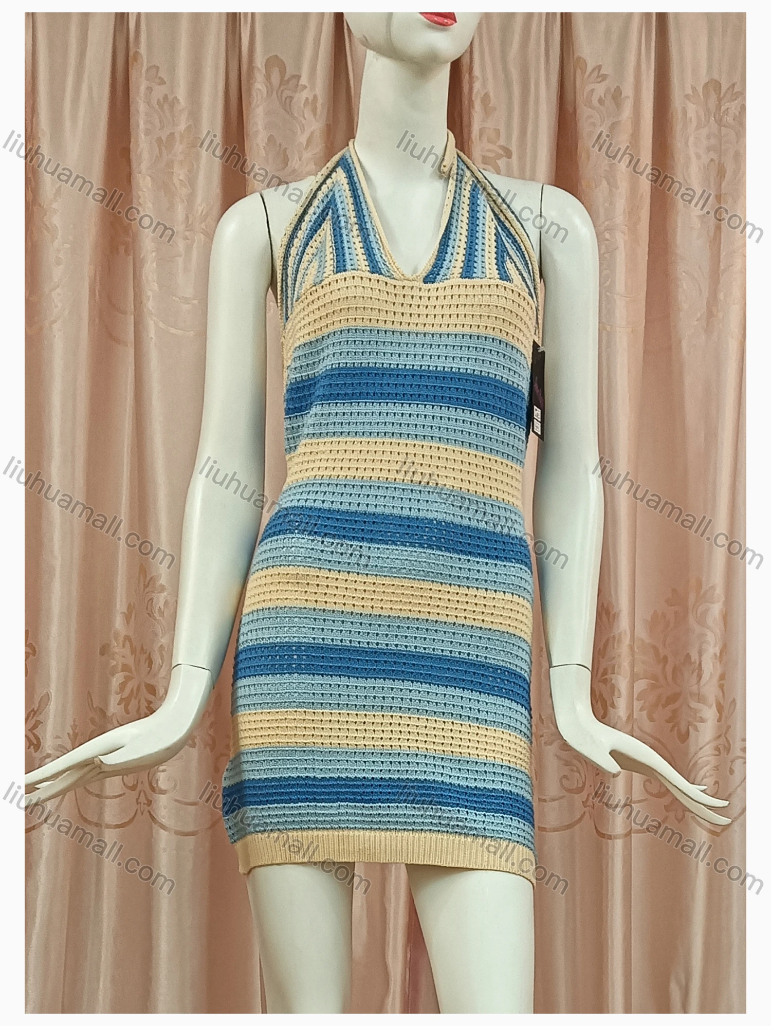 Wholesale Women's Casual Ruched Colorblock Knit Halter Dress - Liuhuamall