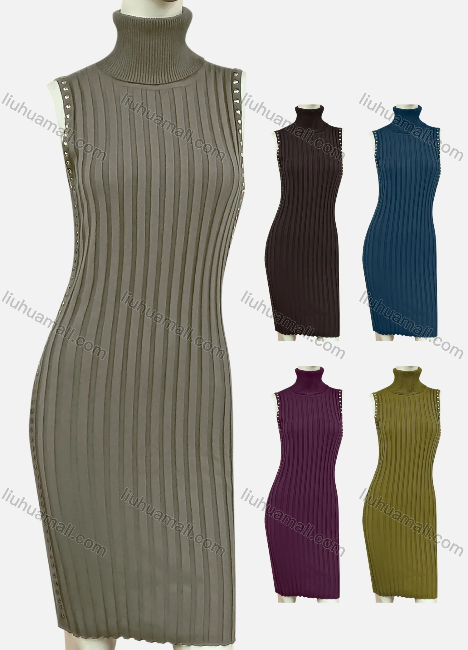 Wholesale Women's Casual High Neck Sleeveless Sequin Plain Dress - Liuhuamall