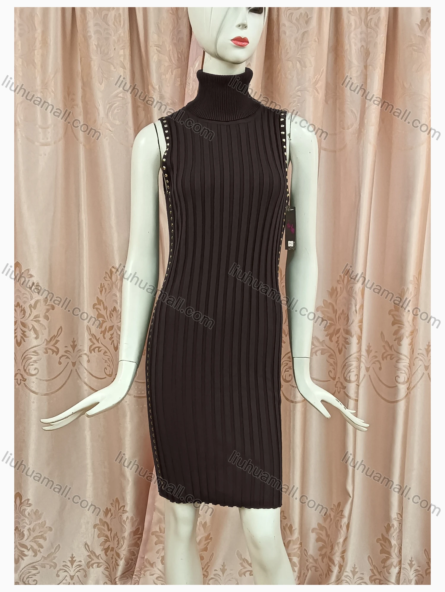 Wholesale Women's Casual High Neck Sleeveless Sequin Plain Dress - Liuhuamall