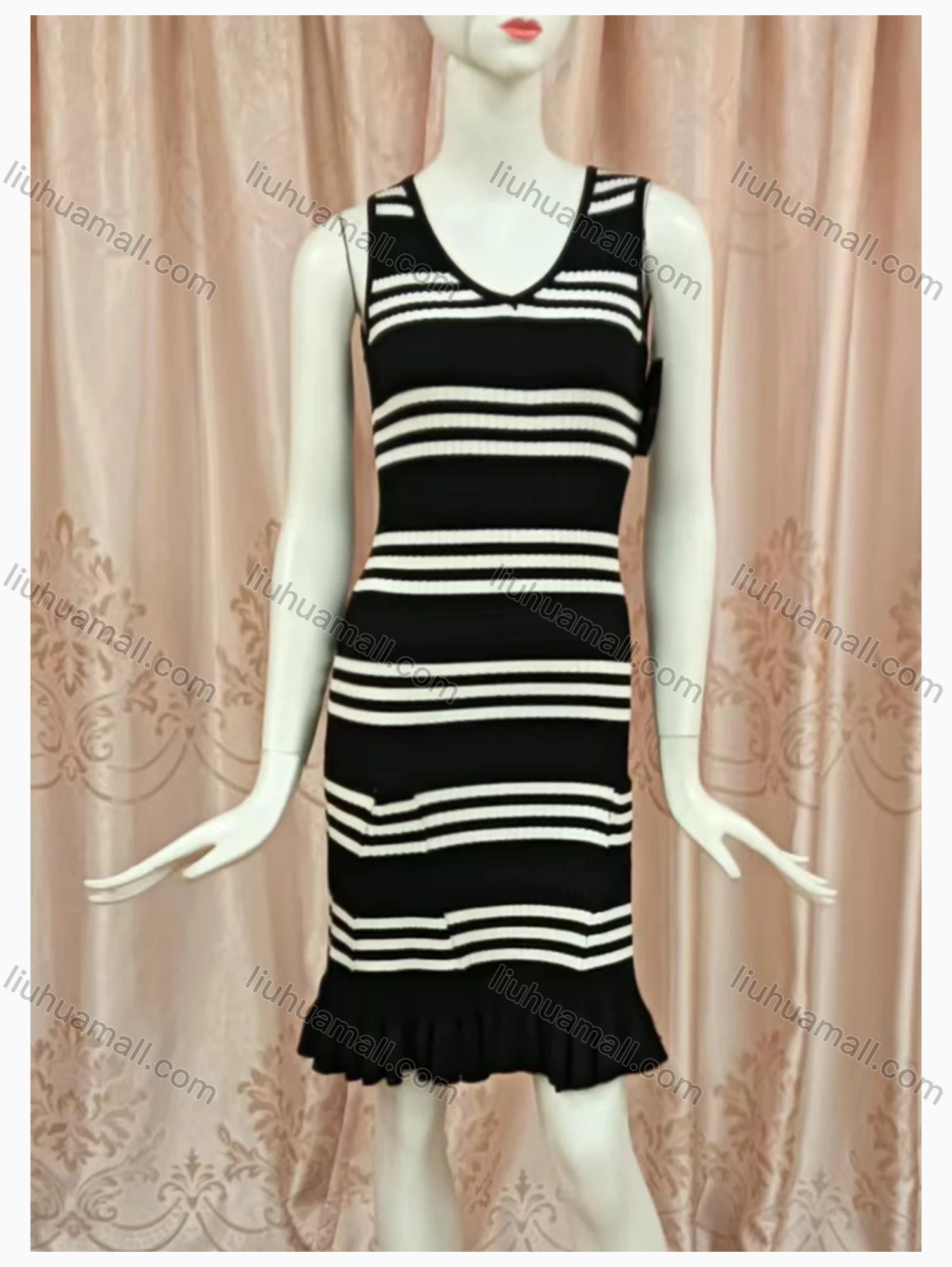Wholesale Women's Casual Round Neck Ruffle Hem Striped Tank Dress - Liuhuamall