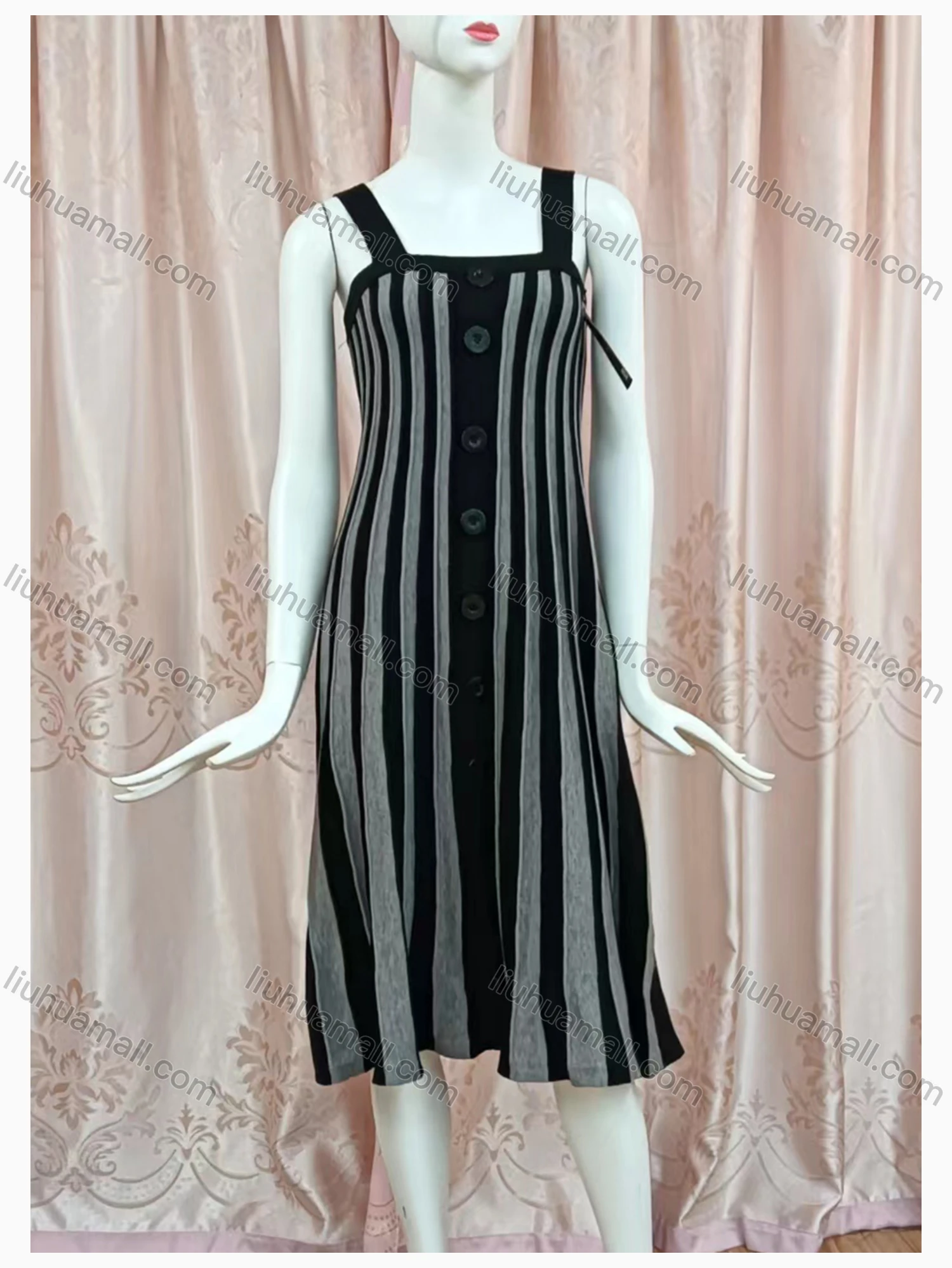 Wholesale Women's Casual Square Neck Button Decor Striped Tank Dress - Liuhuamall