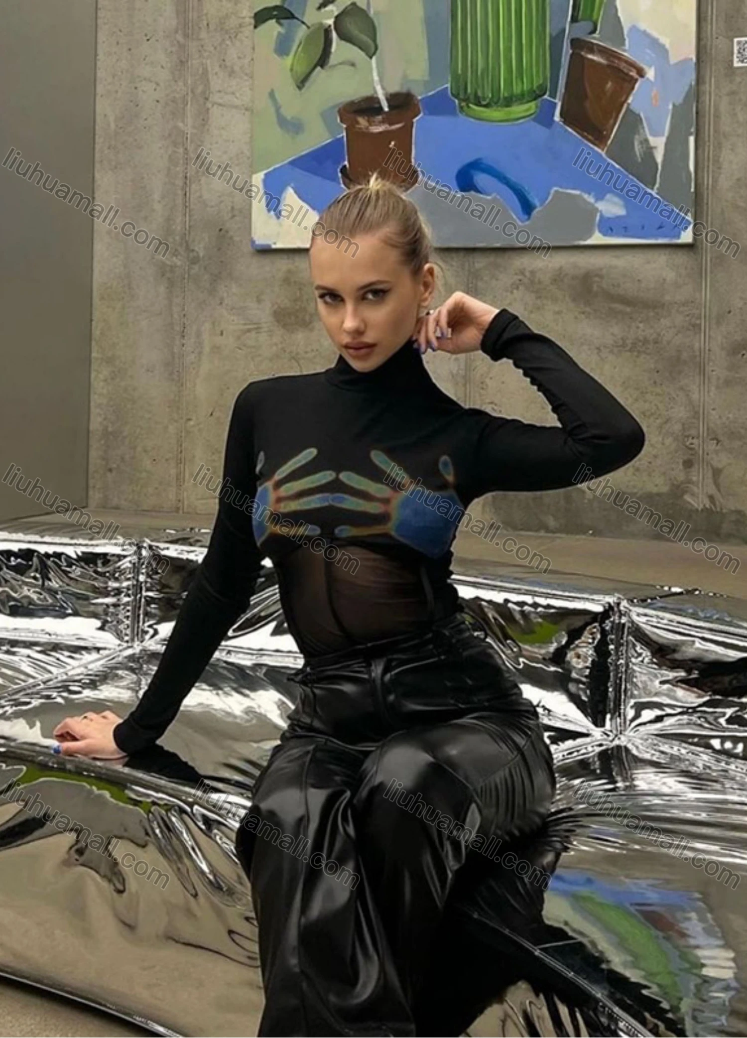 Wholesale Women's Sexy Y2K Fashion High Neck Long Sleeve Palm Print Rib Kitting Mesh Semi-sheer Bodysuit Q22BS218# - Liuhuamall