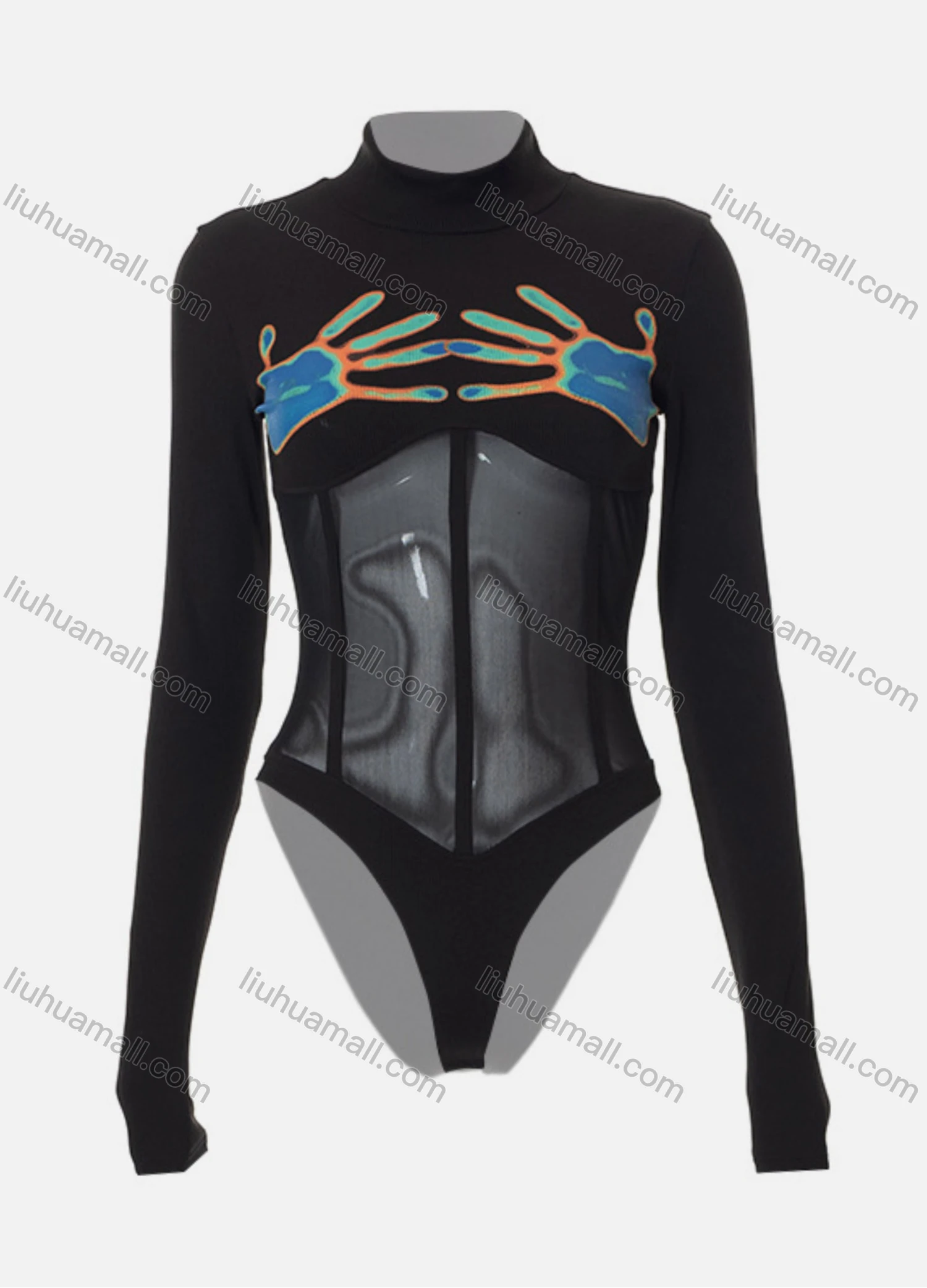Wholesale Women's Sexy Y2K Fashion High Neck Long Sleeve Palm Print Rib Kitting Mesh Semi-sheer Bodysuit Q22BS218# - Liuhuamall