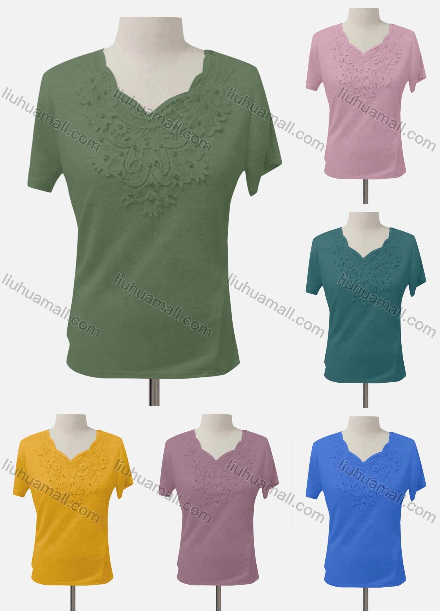Wholesale Women's Casual Short Sleeve Appliques Blouse - Liuhuamall