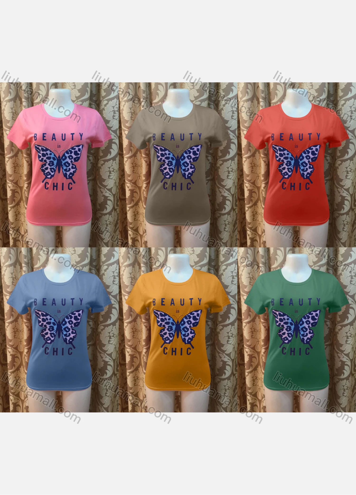 Wholesale Women's Casusal Letter & Butterfly Print Rhinestone Round Neck Short Sleeve Tee - Liuhuamall