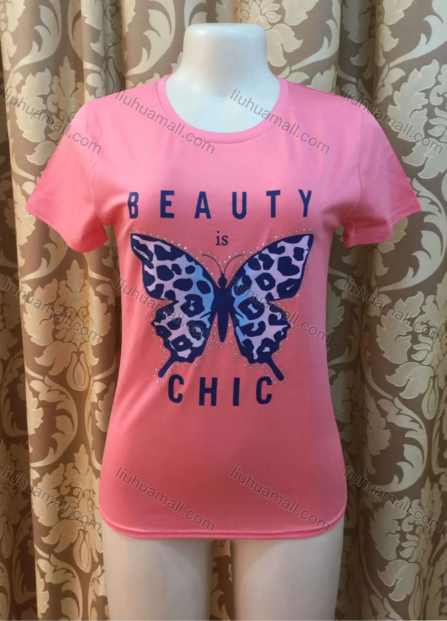 Wholesale Women's Casusal Letter & Butterfly Print Rhinestone Round Neck Short Sleeve Tee - Liuhuamall