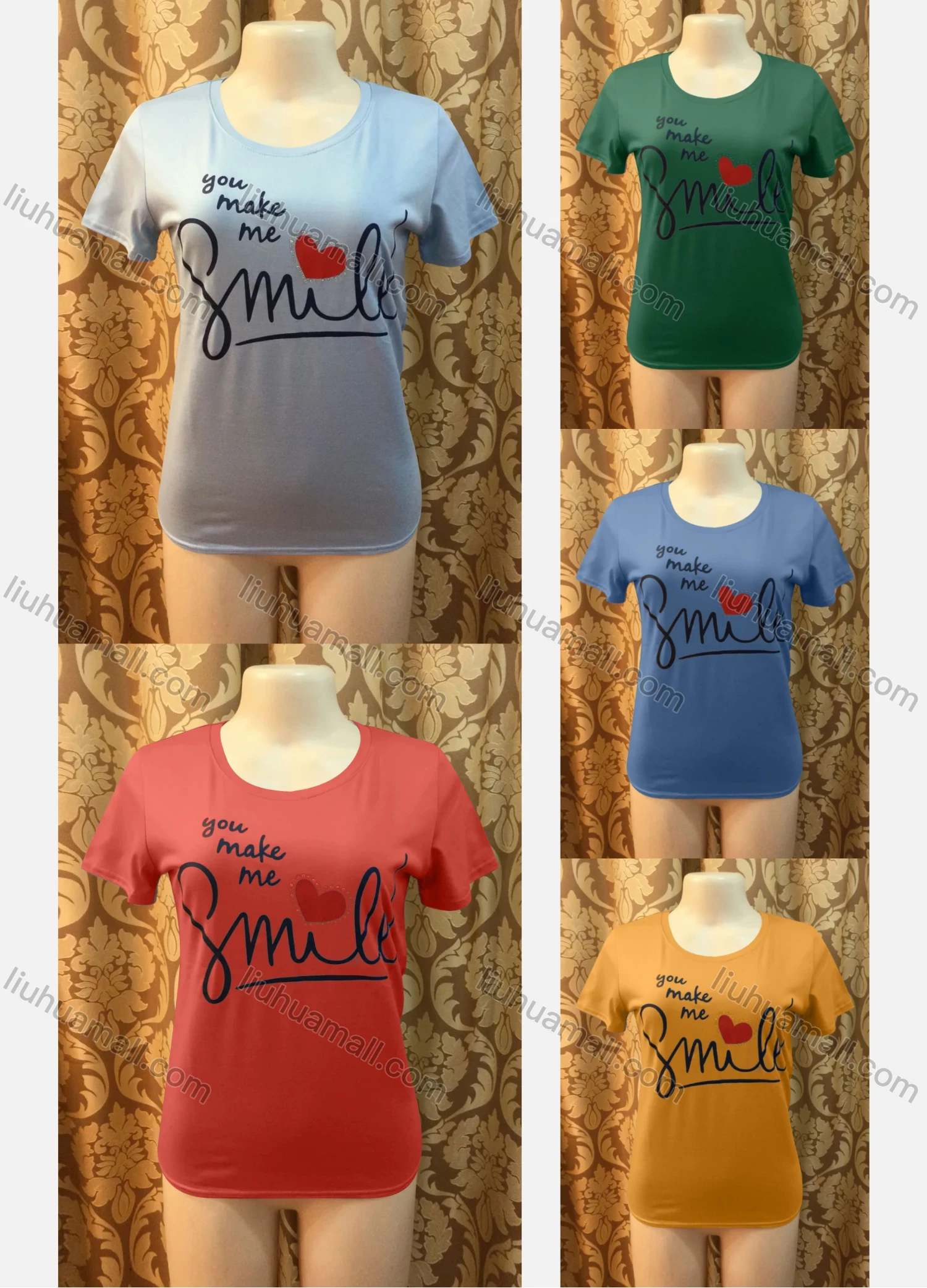 Wholesale Women's Casusal Letter Print Rhinestone Round Neck Short Sleeve Tee - Liuhuamall