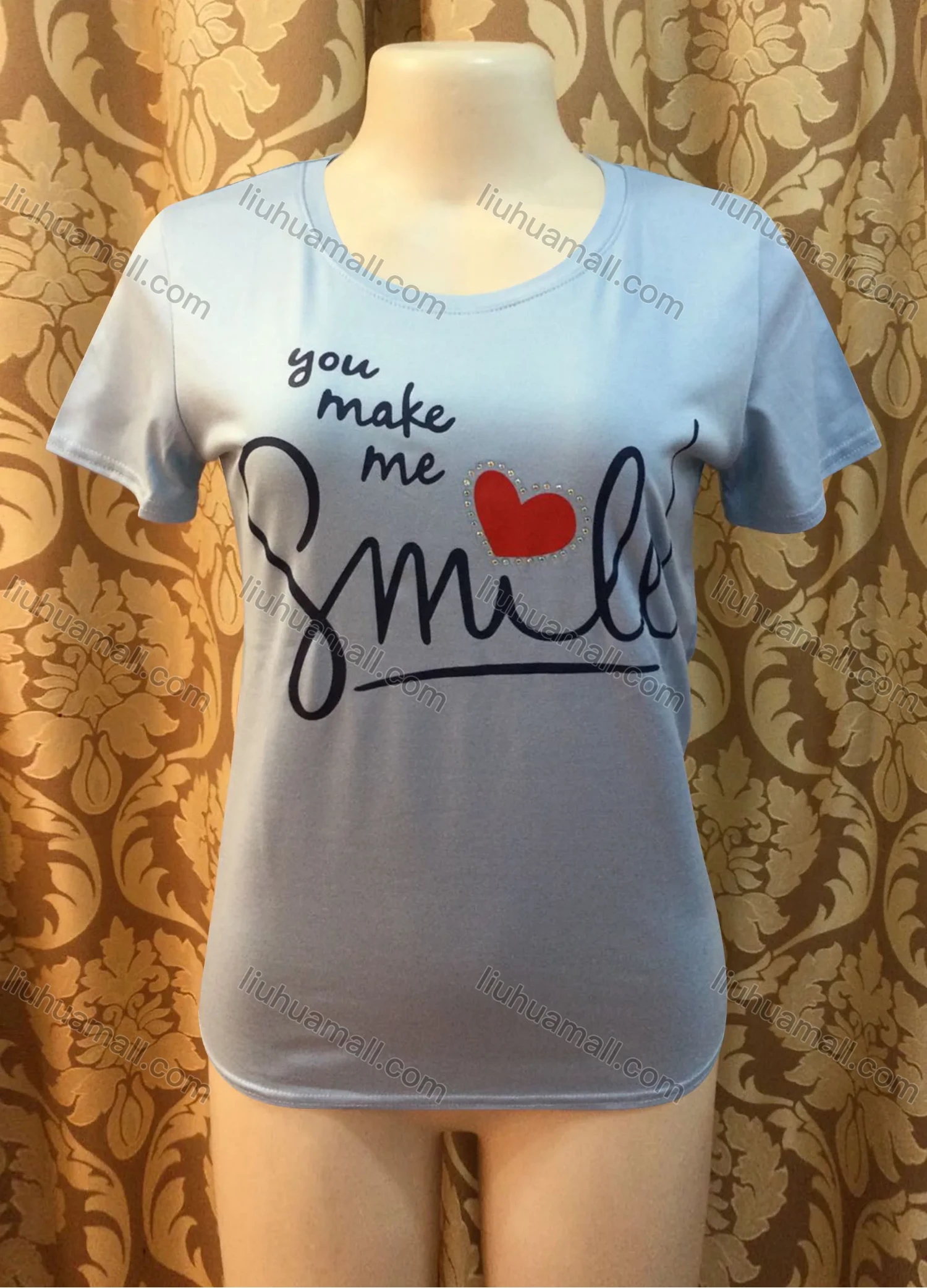 Wholesale Women's Casusal Letter Print Rhinestone Round Neck Short Sleeve Tee - Liuhuamall