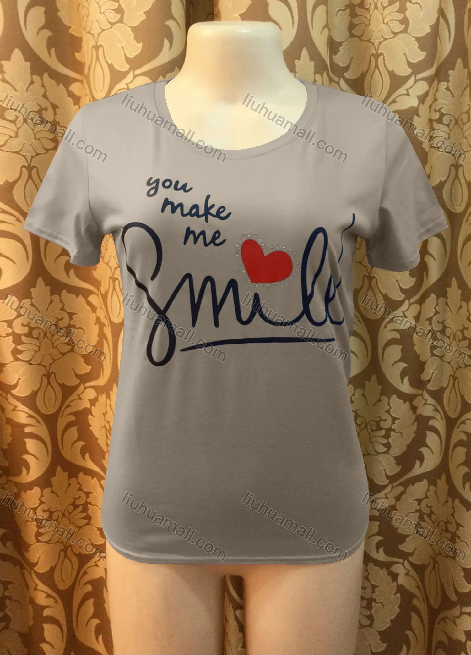 Wholesale Women's Casusal Letter Print Rhinestone Round Neck Short Sleeve Tee - Liuhuamall