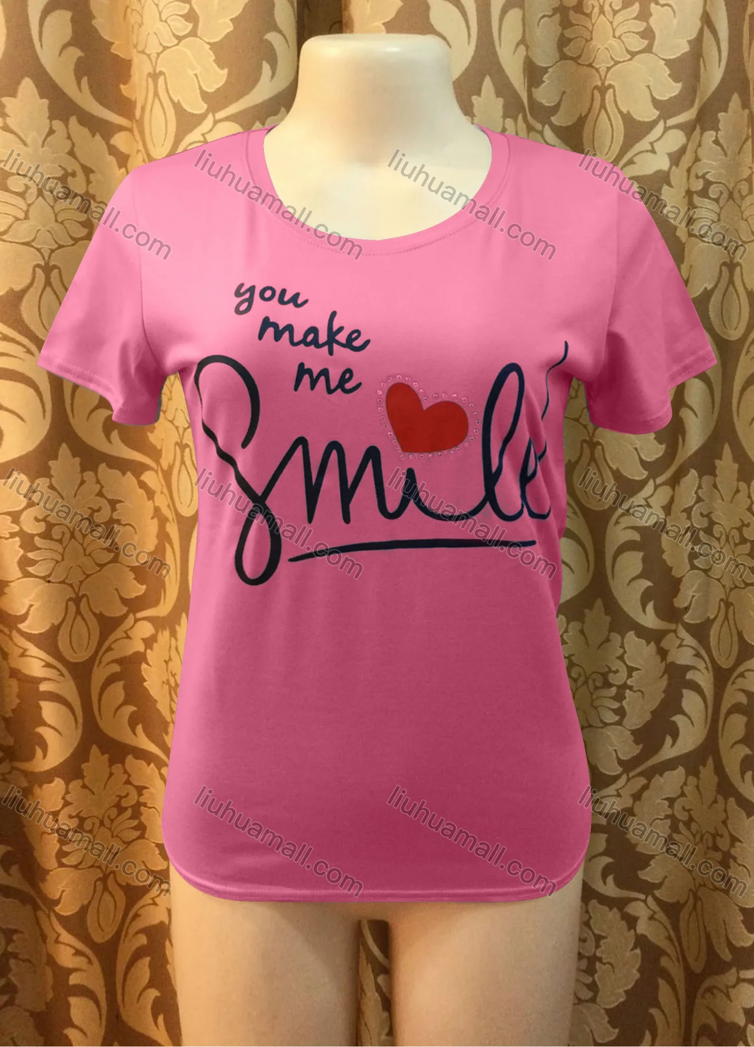 Wholesale Women's Casusal Letter Print Rhinestone Round Neck Short Sleeve Tee - Liuhuamall