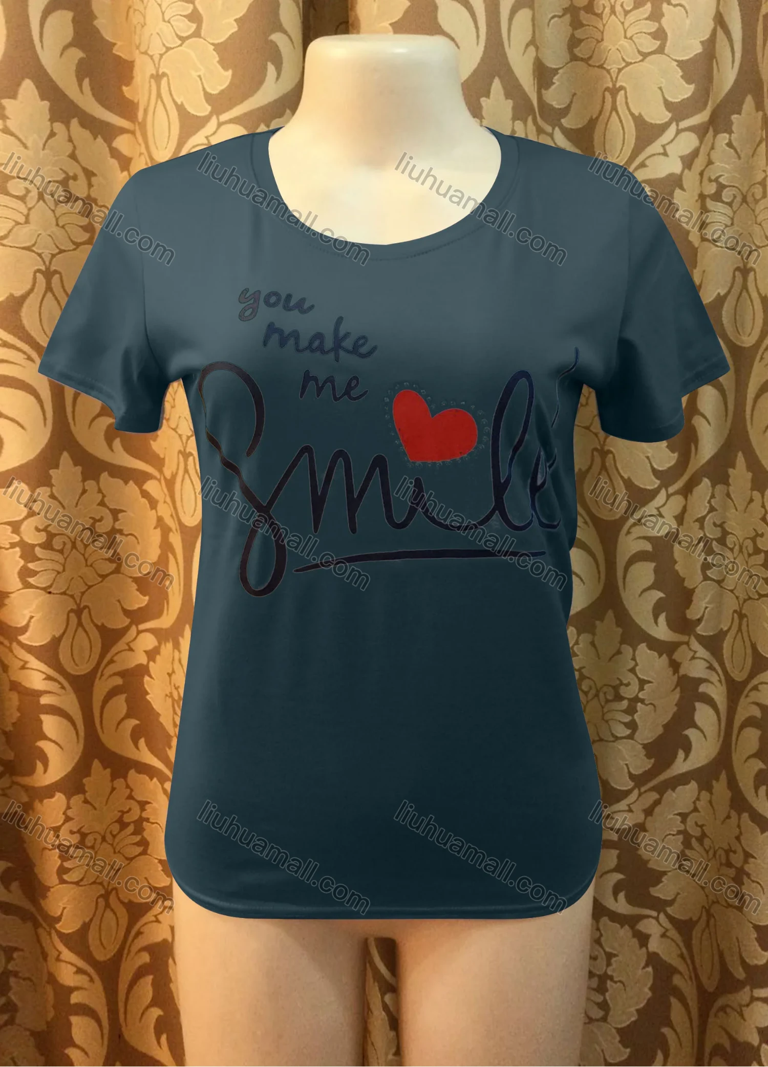 Wholesale Women's Casusal Letter Print Rhinestone Round Neck Short Sleeve Tee - Liuhuamall