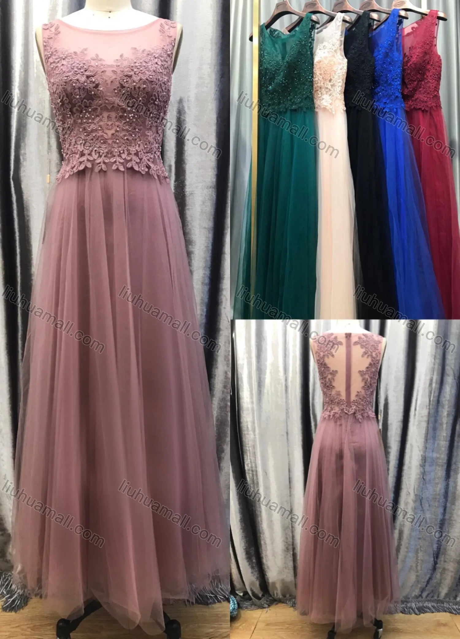 Wholesale Women's Glamorous Plain Bateau Neck Appliques Splicing Lace Pearl Decor Maxi Bridesmaid Dress - Liuhuamall