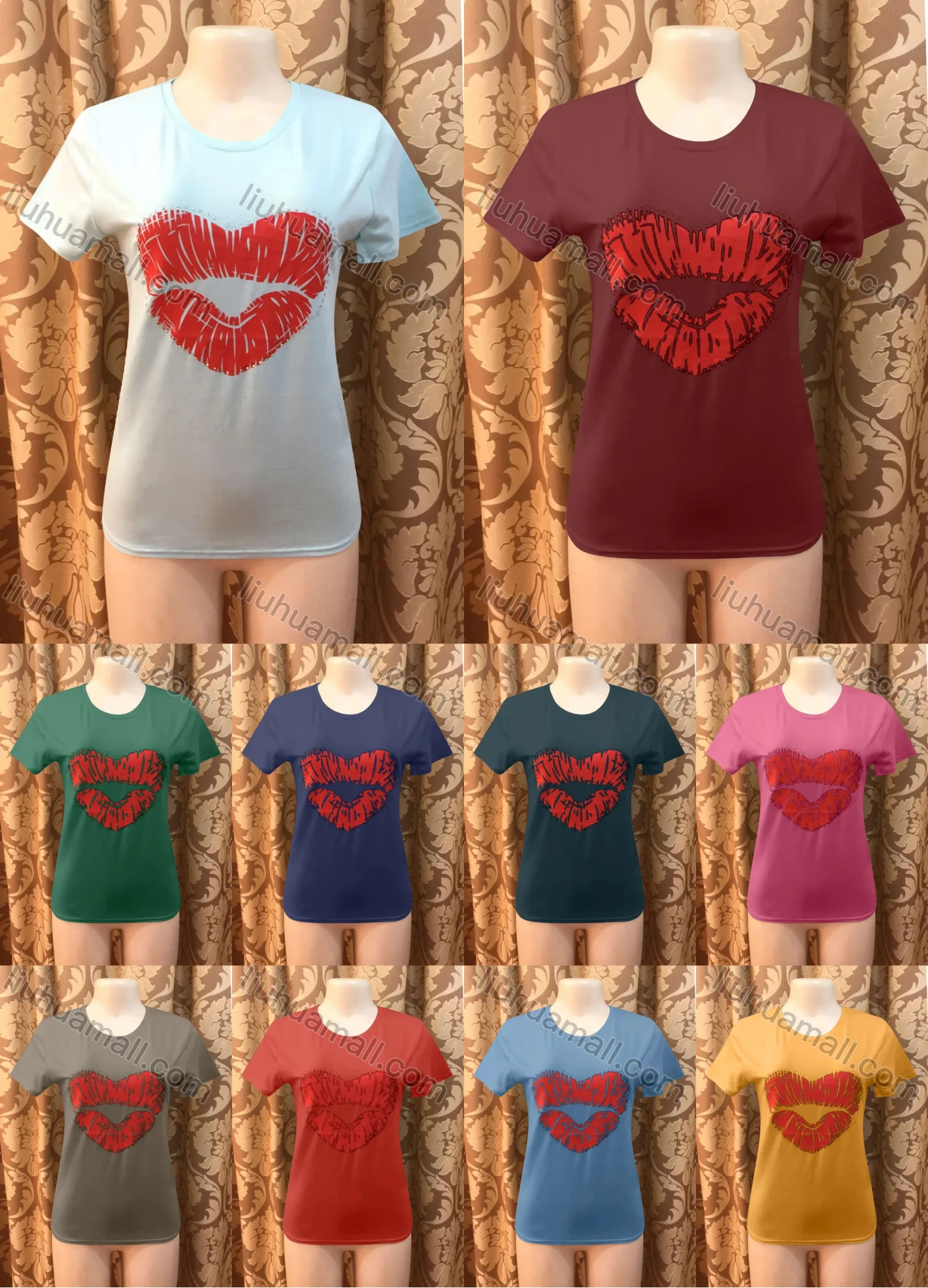 Wholesale Women's Casusal Lip Print Rhinestone Round Neck Short Sleeve Tee - Liuhuamall