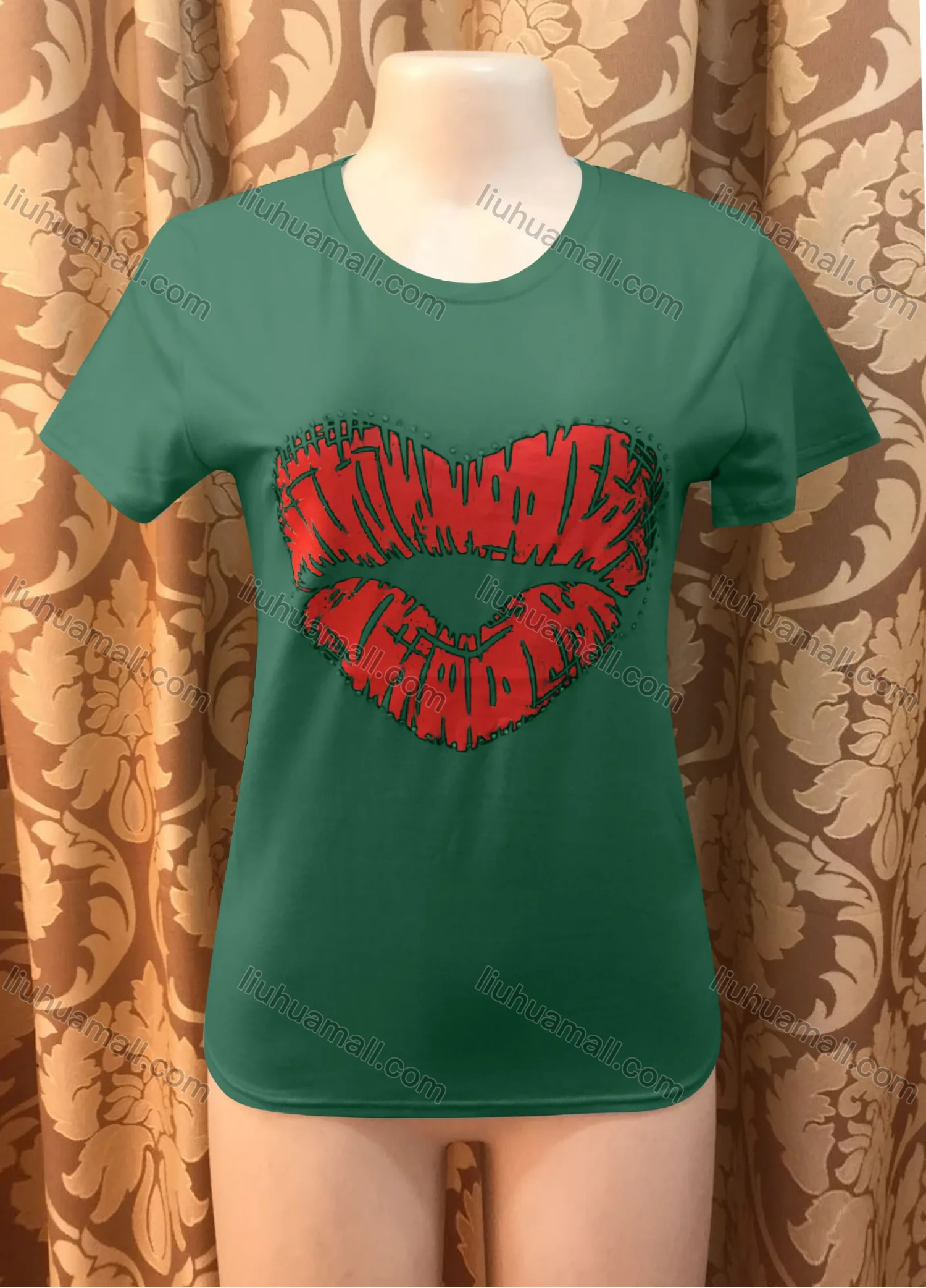 Wholesale Women's Casusal Lip Print Rhinestone Round Neck Short Sleeve Tee - Liuhuamall