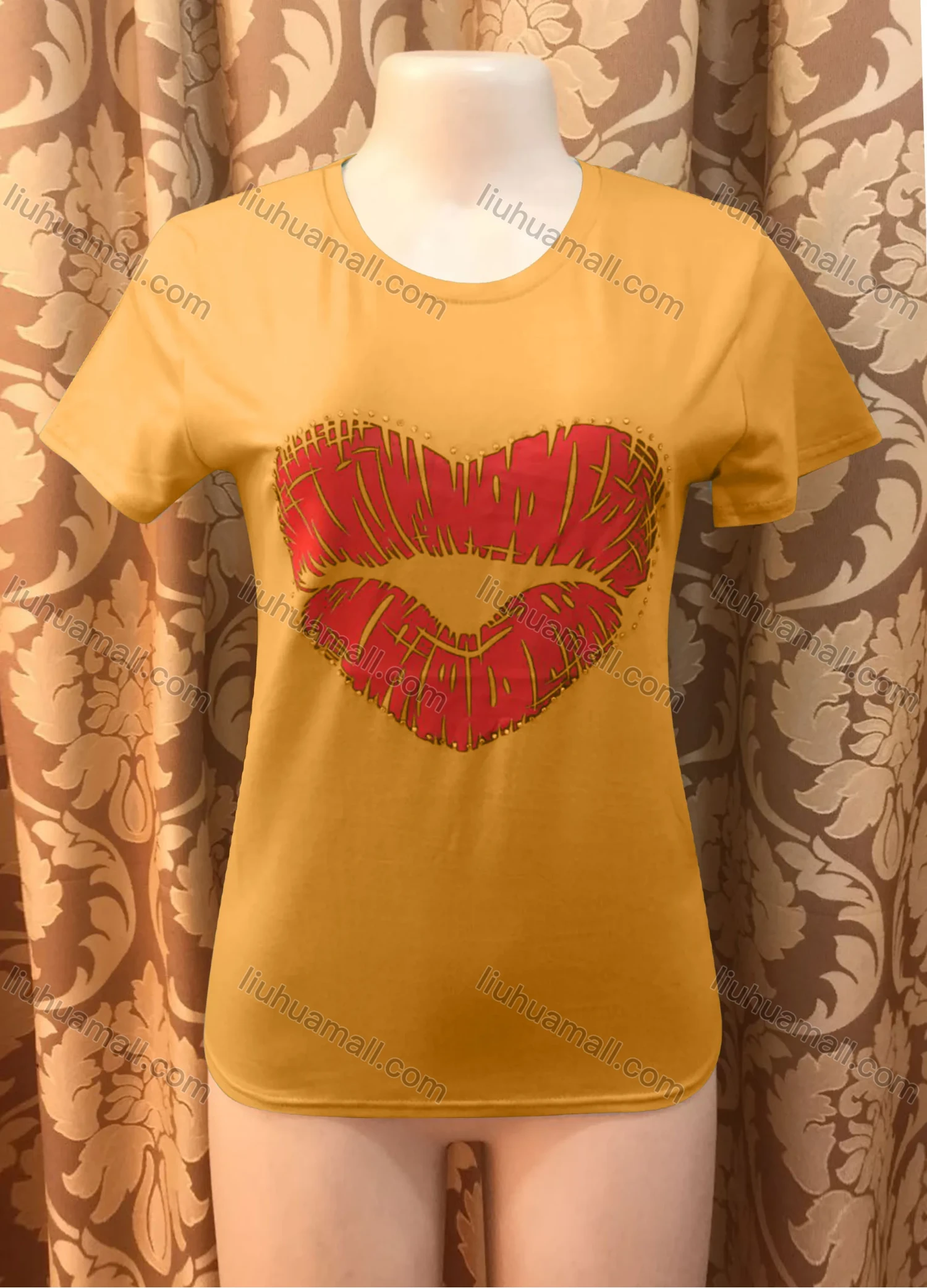 Wholesale Women's Casusal Lip Print Rhinestone Round Neck Short Sleeve Tee - Liuhuamall