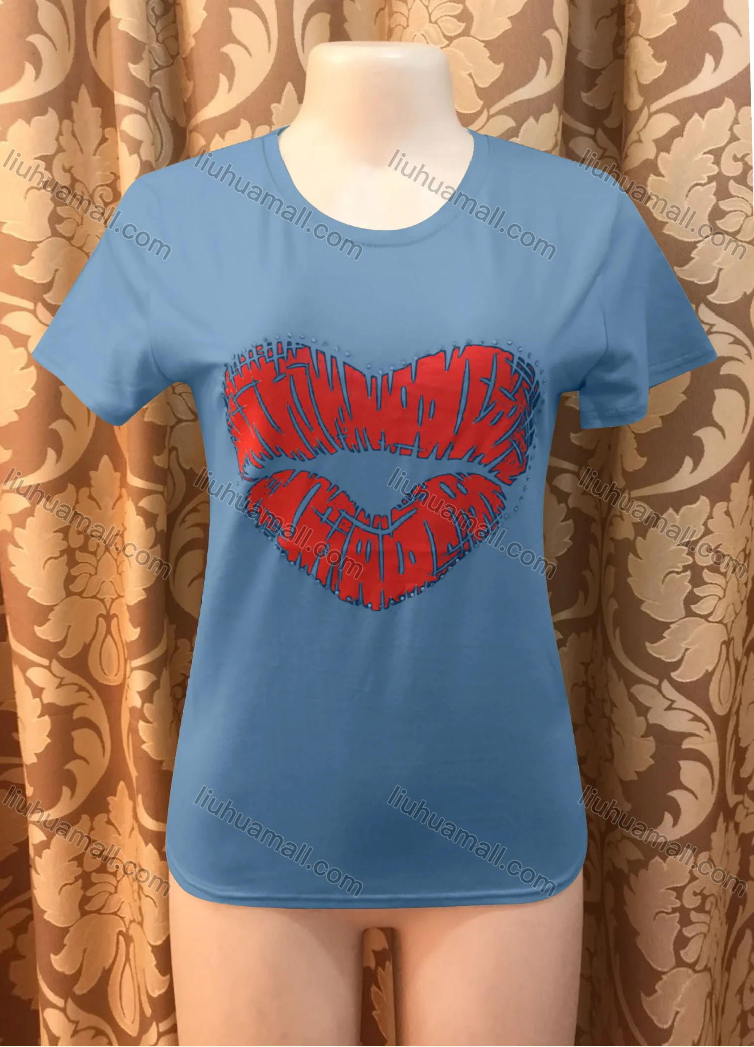 Wholesale Women's Casusal Lip Print Rhinestone Round Neck Short Sleeve Tee - Liuhuamall