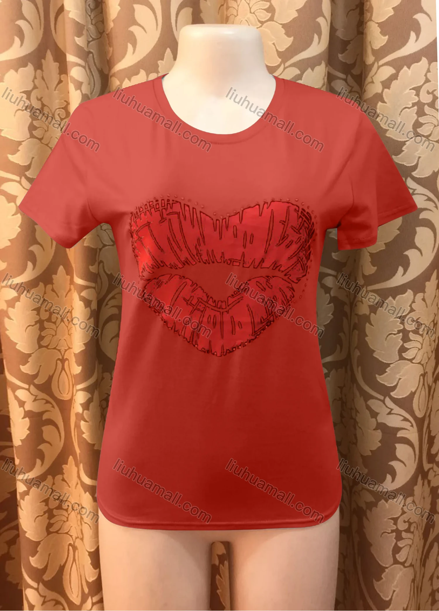 Wholesale Women's Casusal Lip Print Rhinestone Round Neck Short Sleeve Tee - Liuhuamall