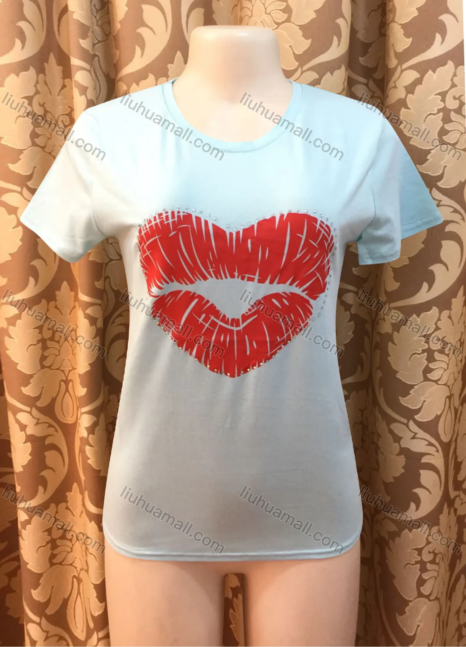 Wholesale Women's Casusal Lip Print Rhinestone Round Neck Short Sleeve Tee - Liuhuamall
