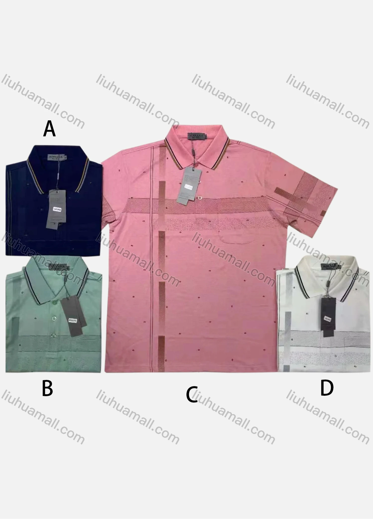 Wholesale Men's Casual Short Sleeve Allover Print Striped Trim Patch Pocket Polo Shirts - Liuhuamall