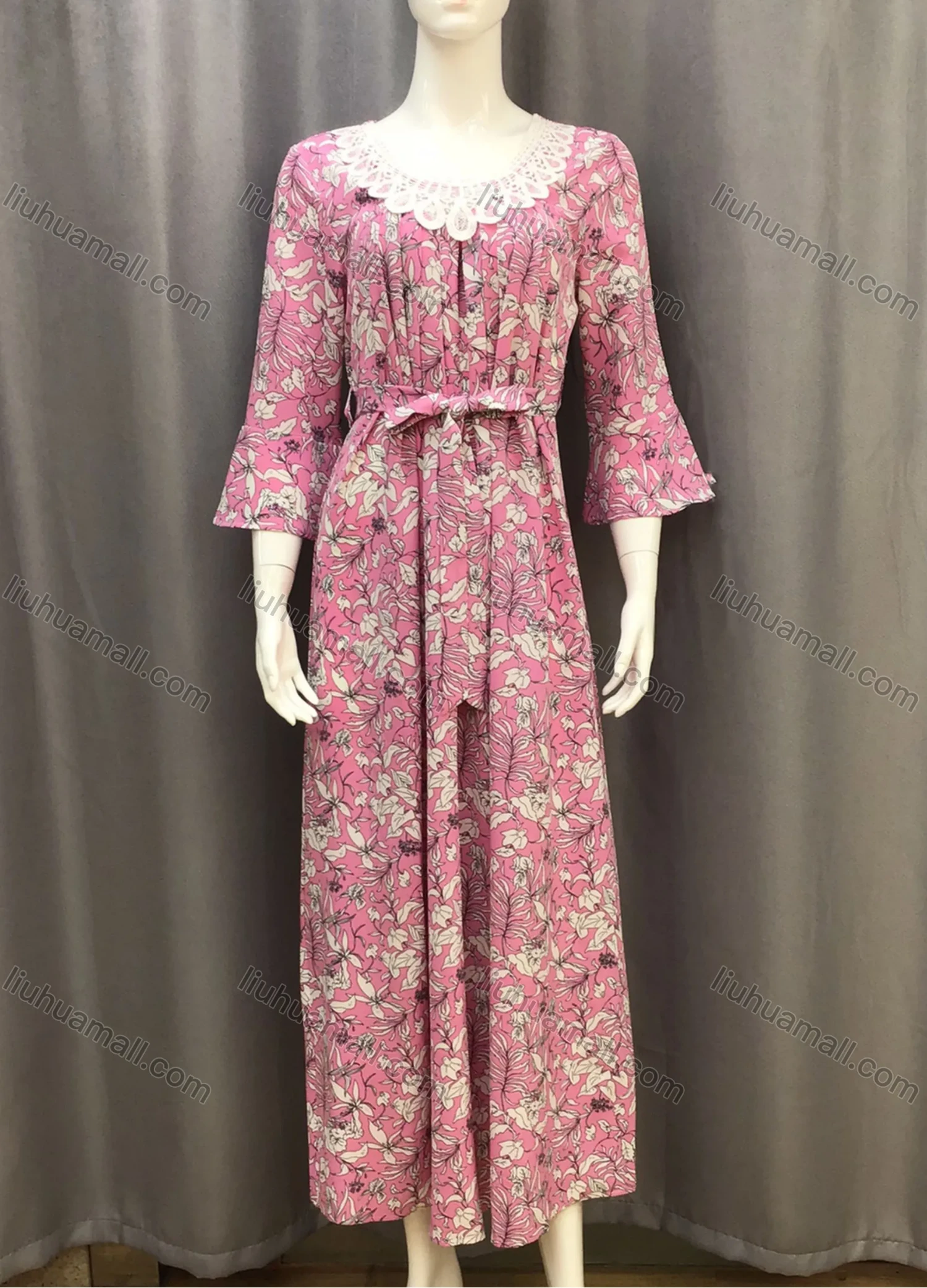Wholesale Women's Casual Allover Flroal Print Lace Trim Tie Front 3/4 Sleeve Pleated Maxi Dress - Liuhuamall
