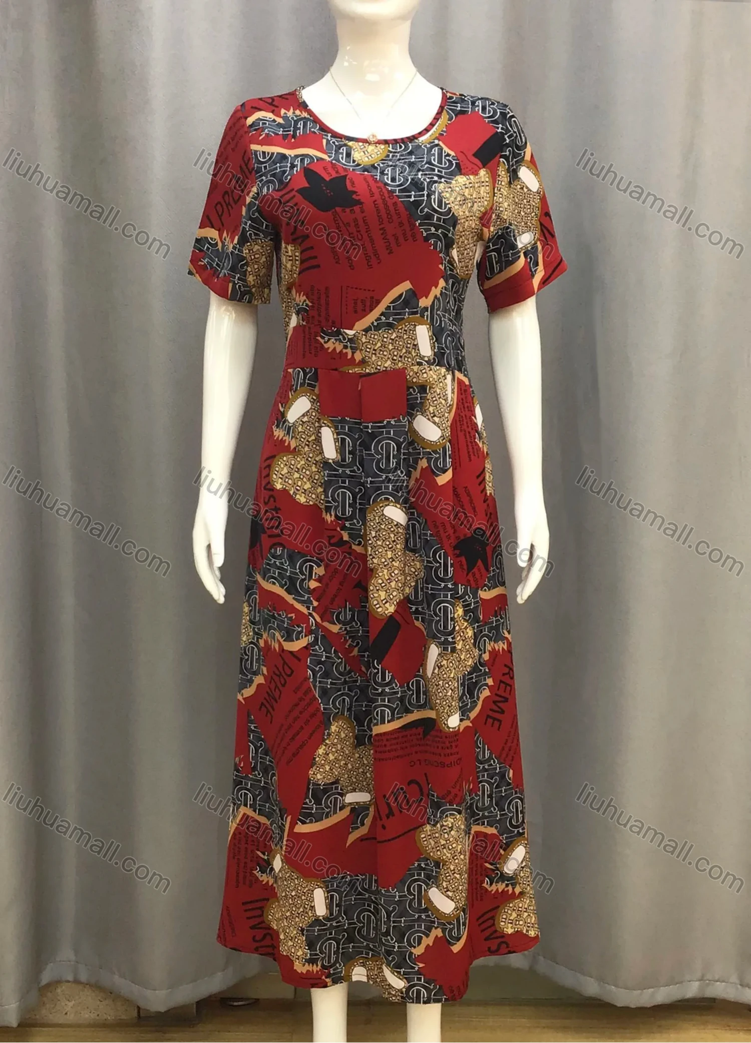 Wholesale Women's Casual Allover Letter Print Round Neck Short Sleeve Midi Dress - Liuhuamall