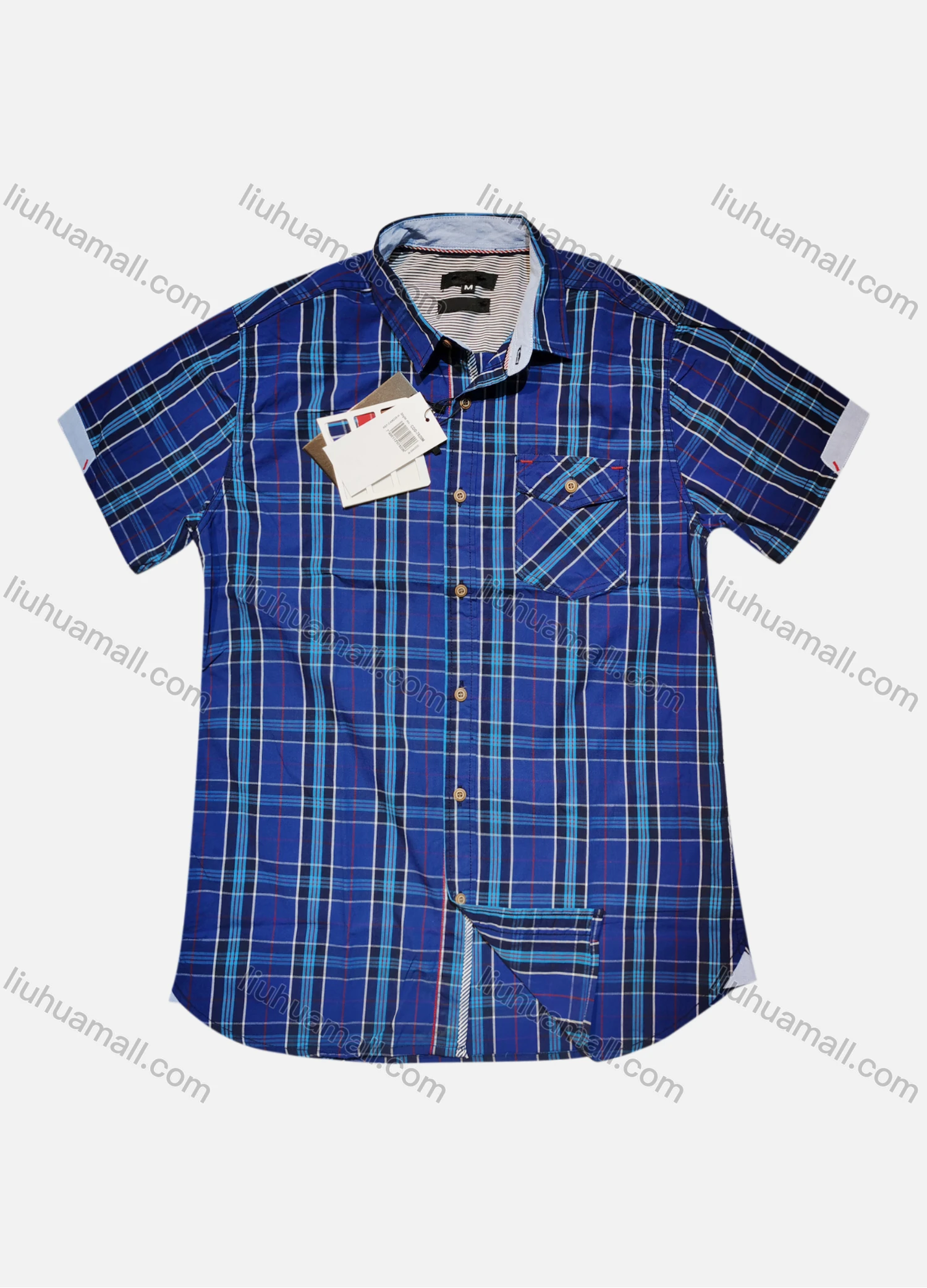 Wholesale Men's Casual Plaid Print Short Sleeve Flap Pocket Shirt - Liuhuamall