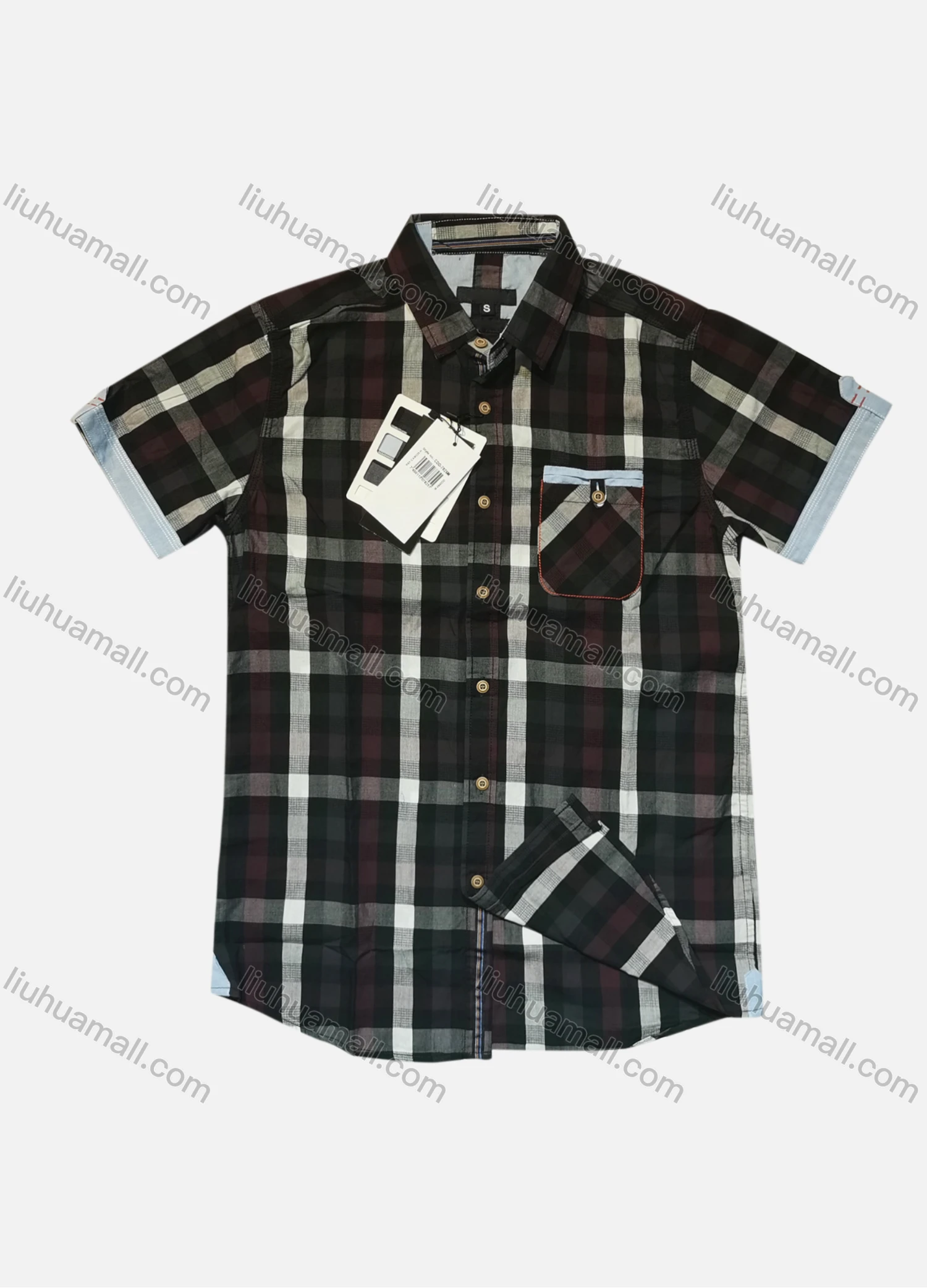 Wholesale Men's Casual Plaid Print Short Sleeve Patch Pocket Shirt - Liuhuamall