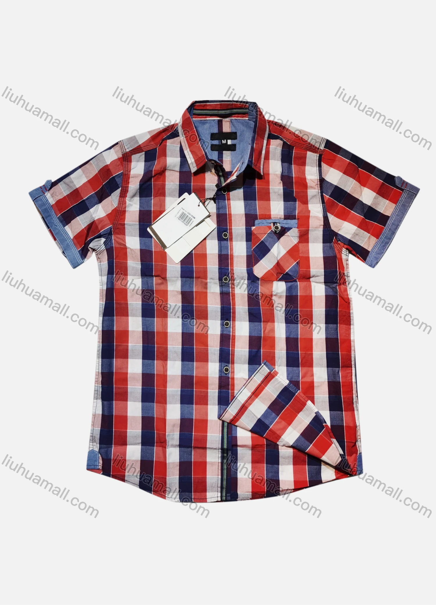 Wholesale Men's Casual Plaid Print Short Sleeve Patch Pocket Shirt - Liuhuamall