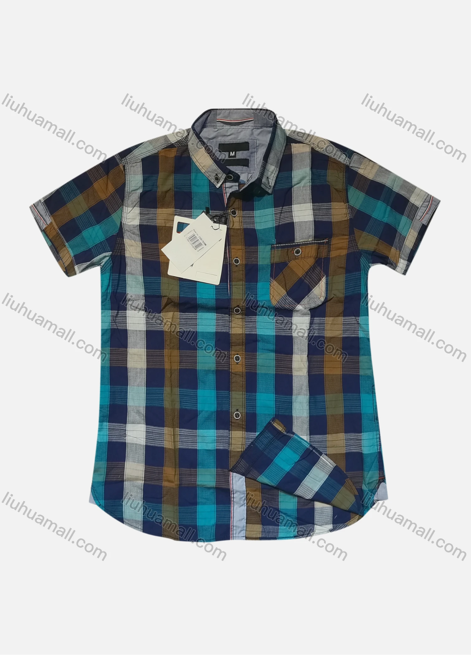 Wholesale Men's Casual Plaid Print Short Sleeve Patch Pocket Shirt - Liuhuamall