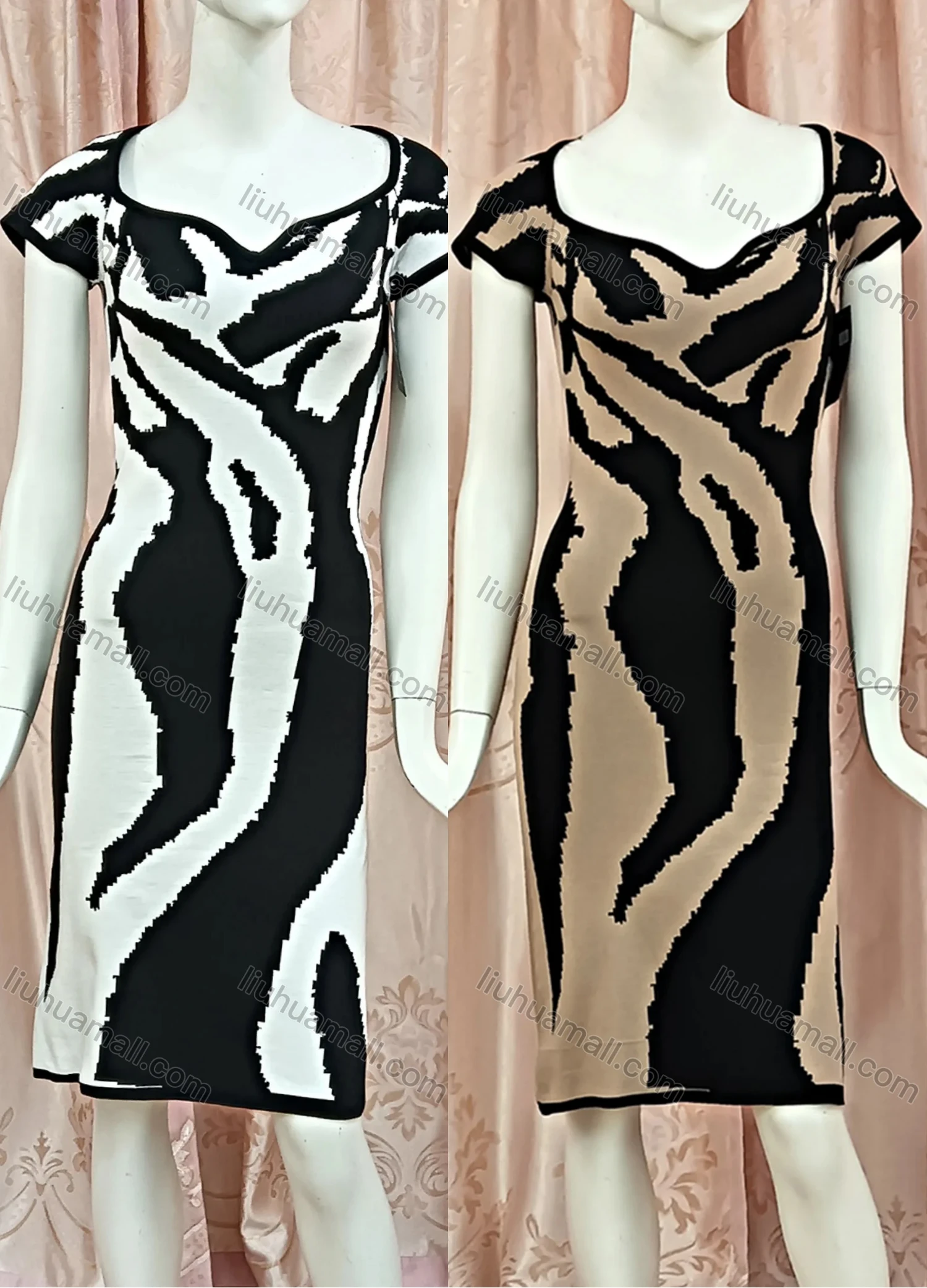 Wholesale Women's Casual Notched Neck Short Sleeve Abstract Print Dress - Liuhuamall