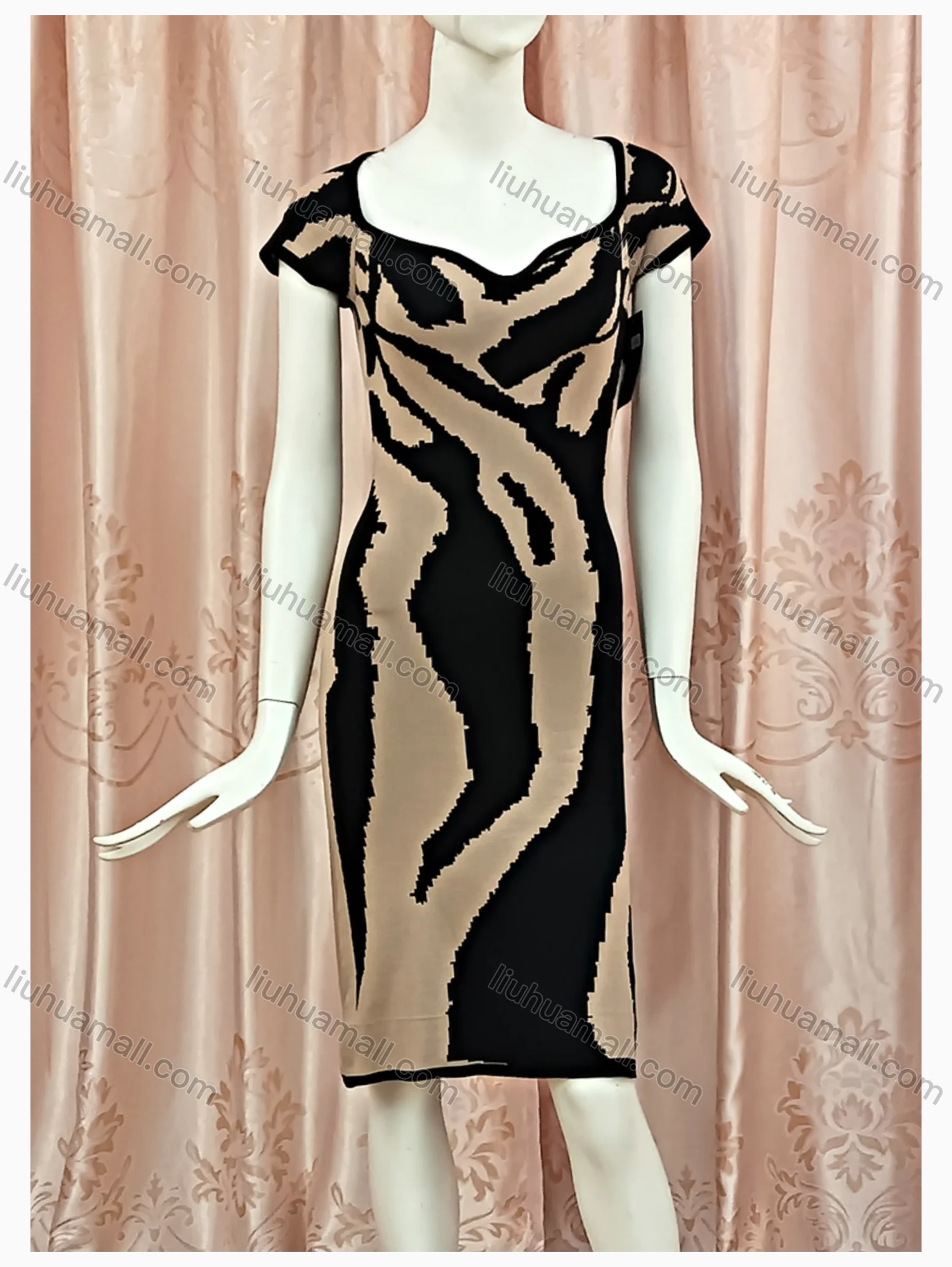 Wholesale Women's Casual Notched Neck Short Sleeve Abstract Print Dress - Liuhuamall