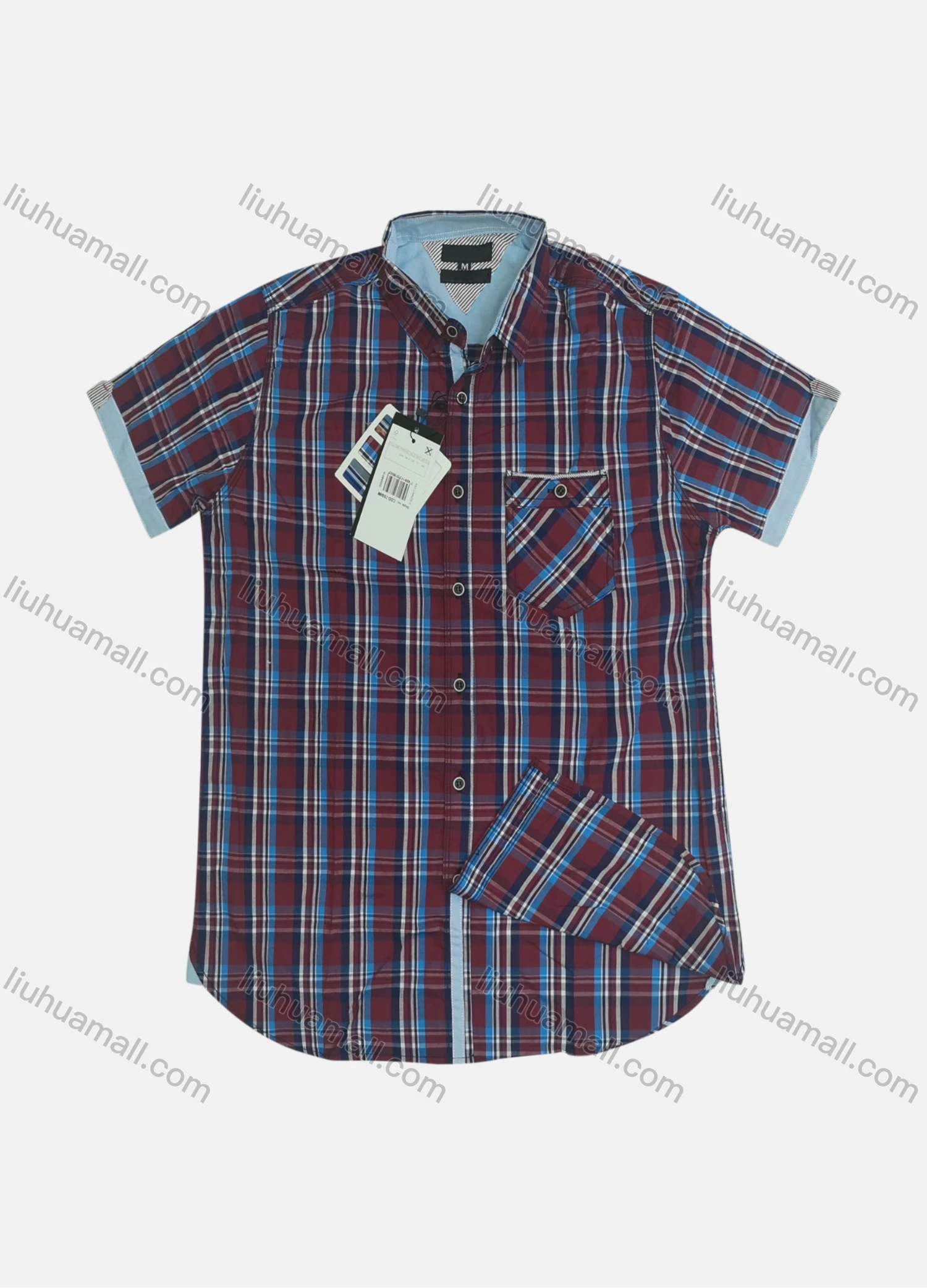 Wholesale Men's Casual Plaid Print Short Sleeve Patch Pocket Shirt - Liuhuamall