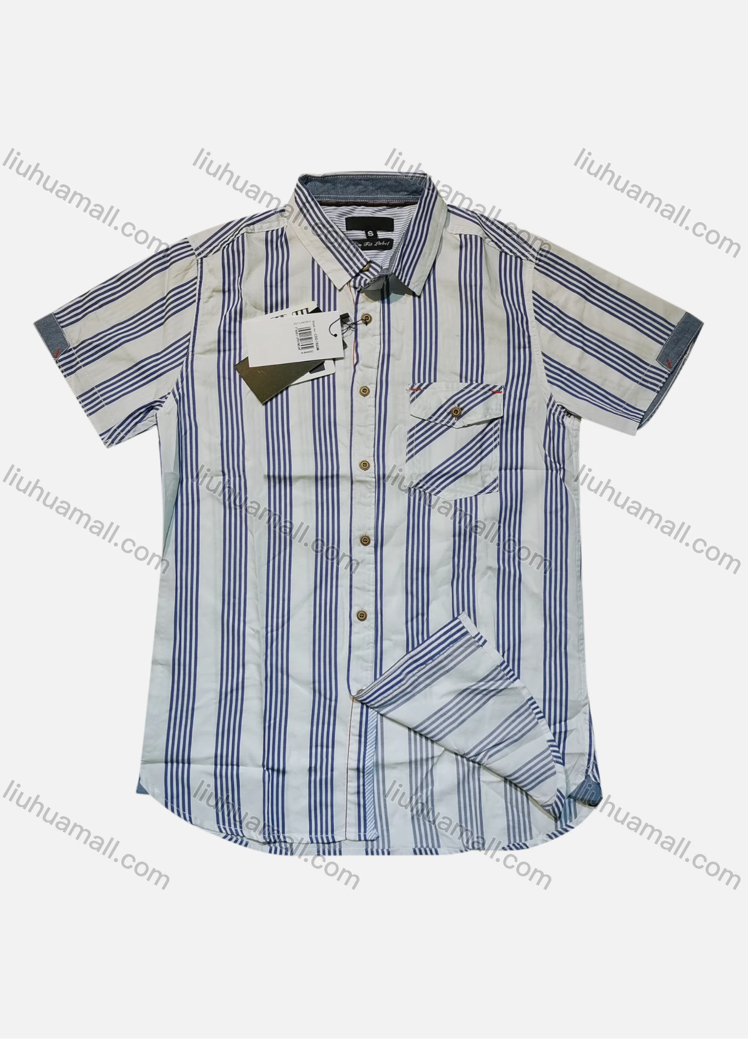 Wholesale Men's Casual Striped Short Sleeve Flap Pocket Shirt - Liuhuamall