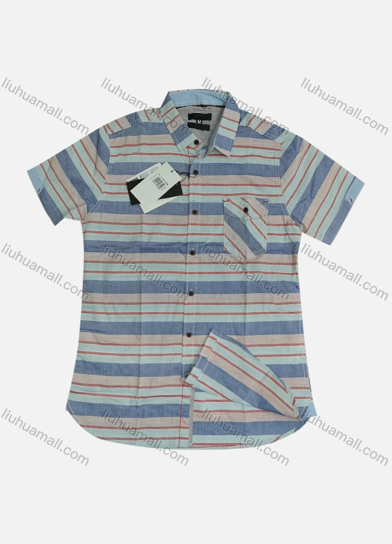 Wholesale Men's Casual Striped Short Sleeve Flap Pocket Shirt - Liuhuamall