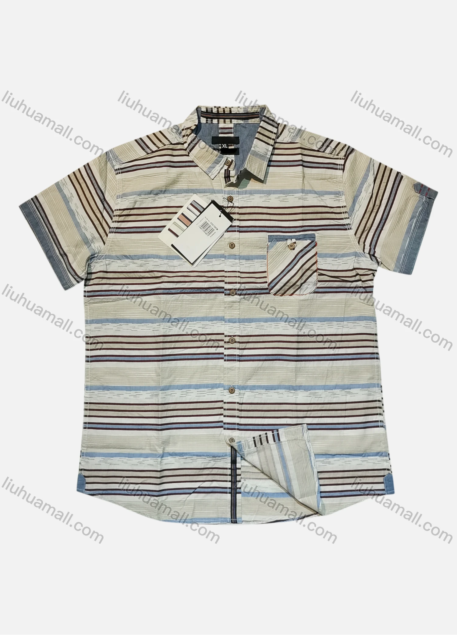 Wholesale Men's Casual Striped Short Sleeve Patch Pocket Shirt - Liuhuamall
