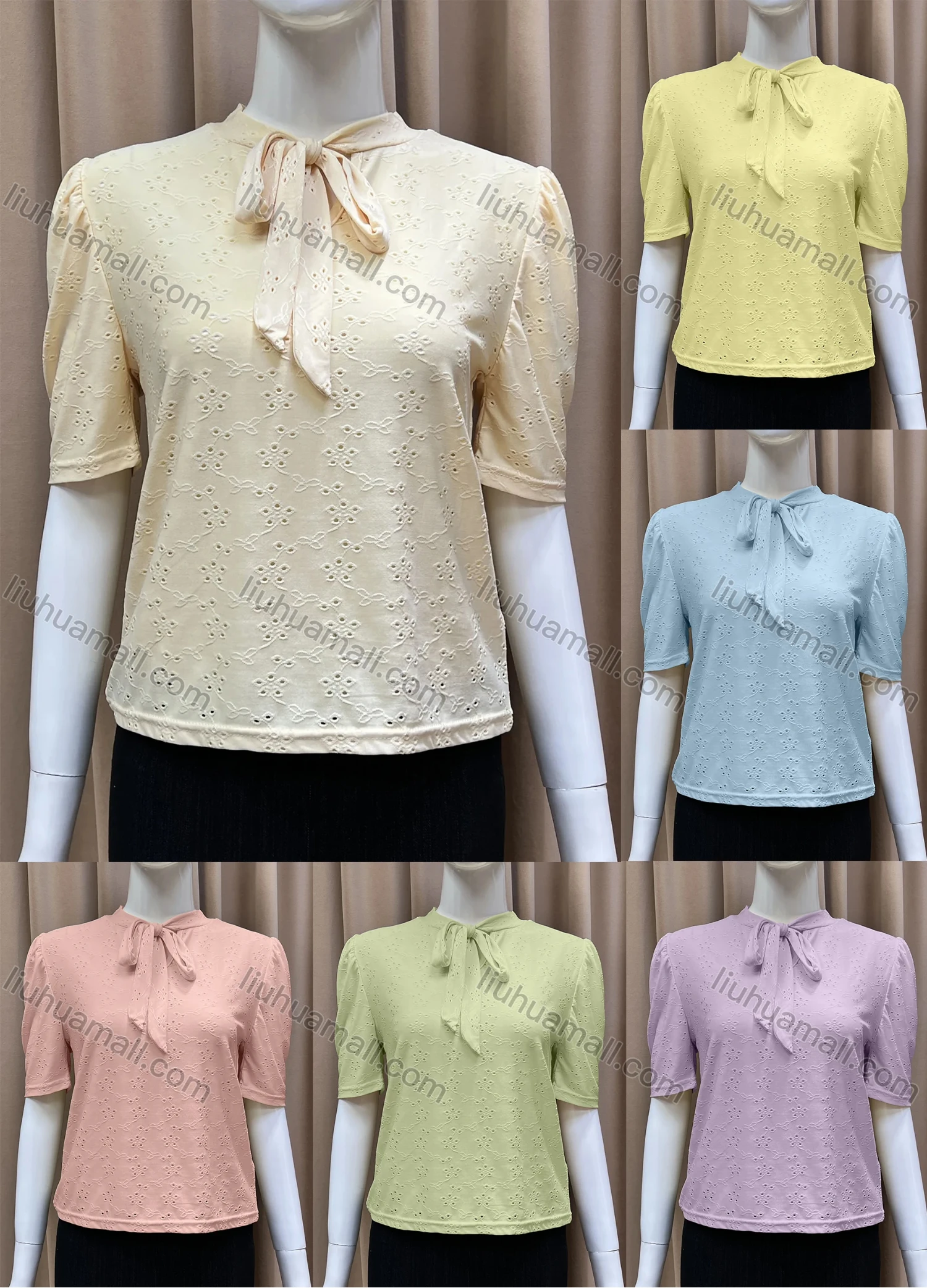 Wholesale Women's Casual Tie Neck Half Sleeve Embroidered Plain Blouse - Liuhuamall