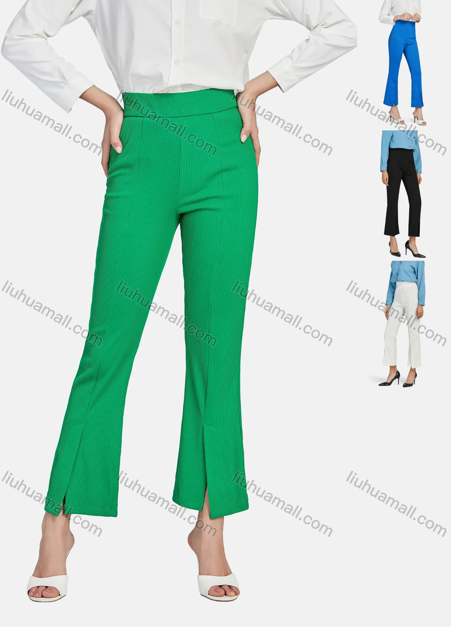 Wholesale Women's Elegant Elastic Waist Pleated Loose Casual Split Front Flare Trouser - Liuhuamall