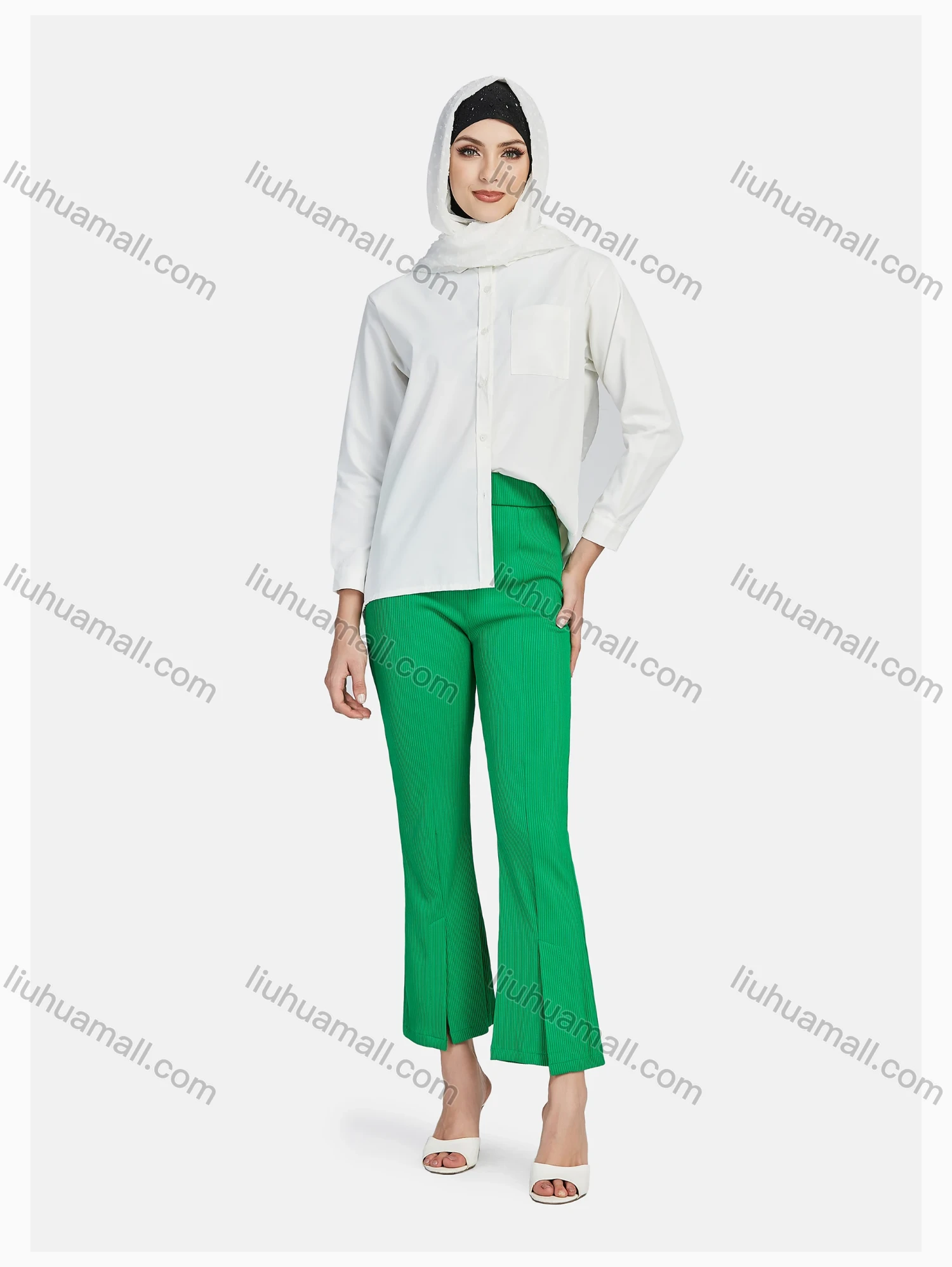 Wholesale Women's Elegant Elastic Waist Pleated Loose Casual Split Front Flare Trouser - Liuhuamall