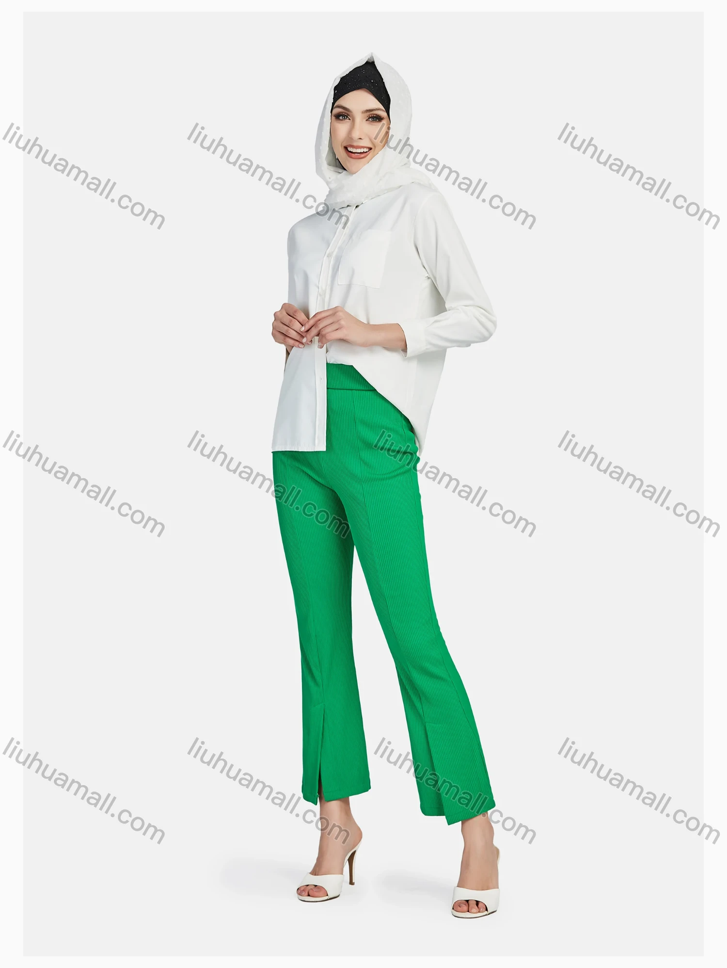 Wholesale Women's Elegant Elastic Waist Pleated Loose Casual Split Front Flare Trouser - Liuhuamall