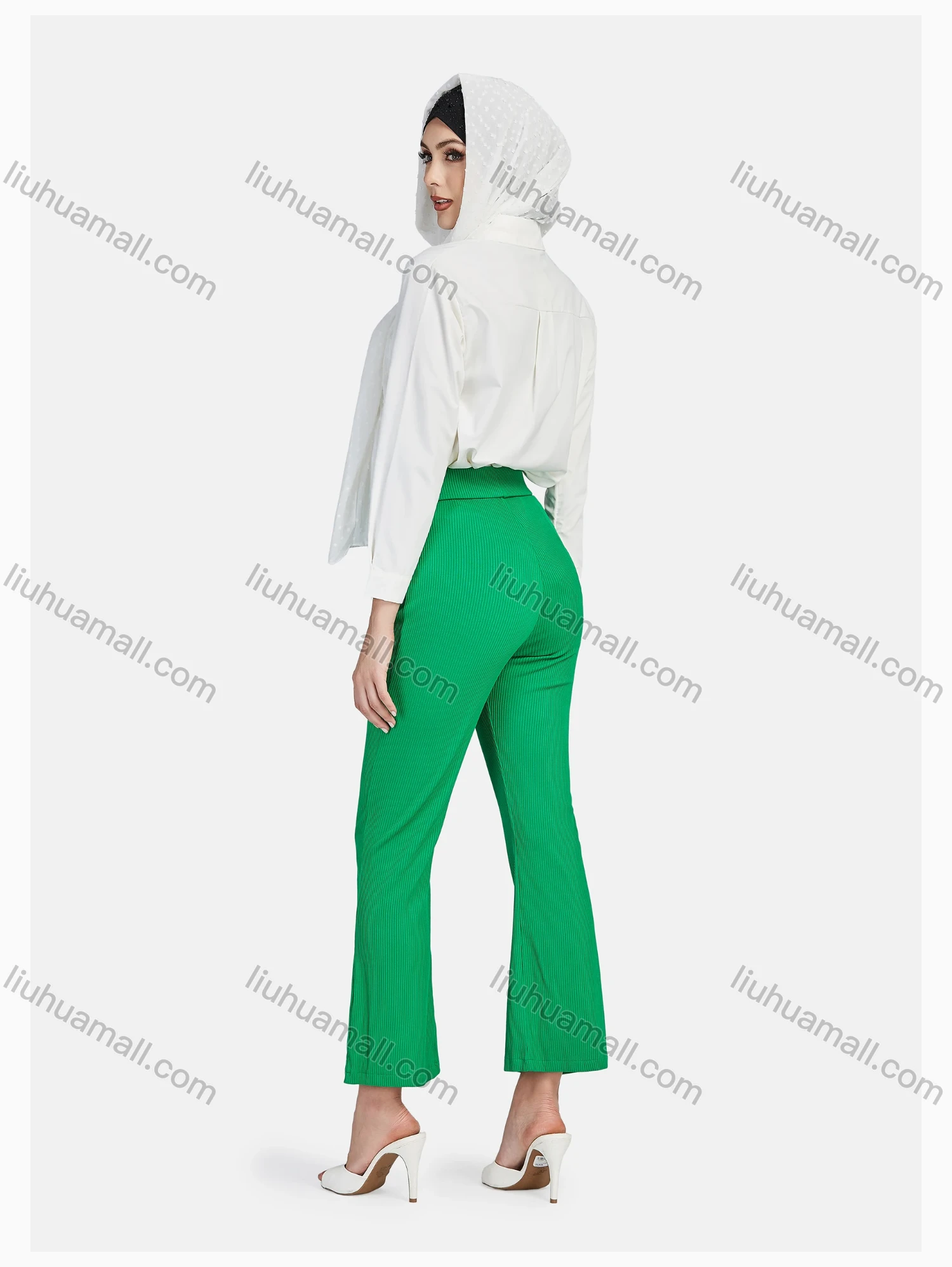 Wholesale Women's Elegant Elastic Waist Pleated Loose Casual Split Front Flare Trouser - Liuhuamall