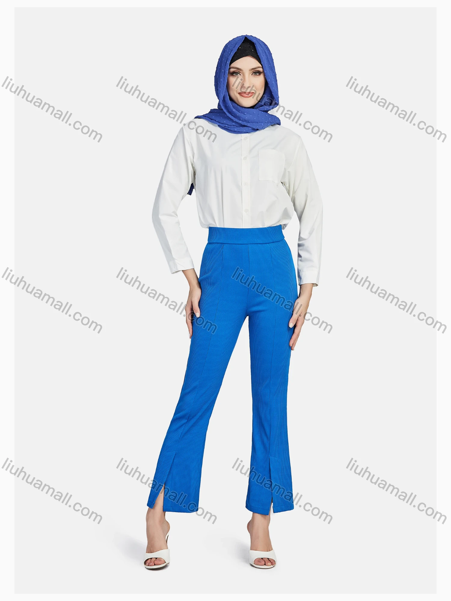 Wholesale Women's Elegant Elastic Waist Pleated Loose Casual Split Front Flare Trouser - Liuhuamall