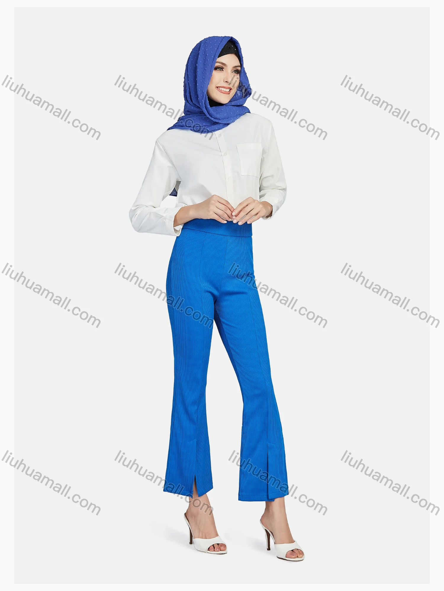 Wholesale Women's Elegant Elastic Waist Pleated Loose Casual Split Front Flare Trouser - Liuhuamall