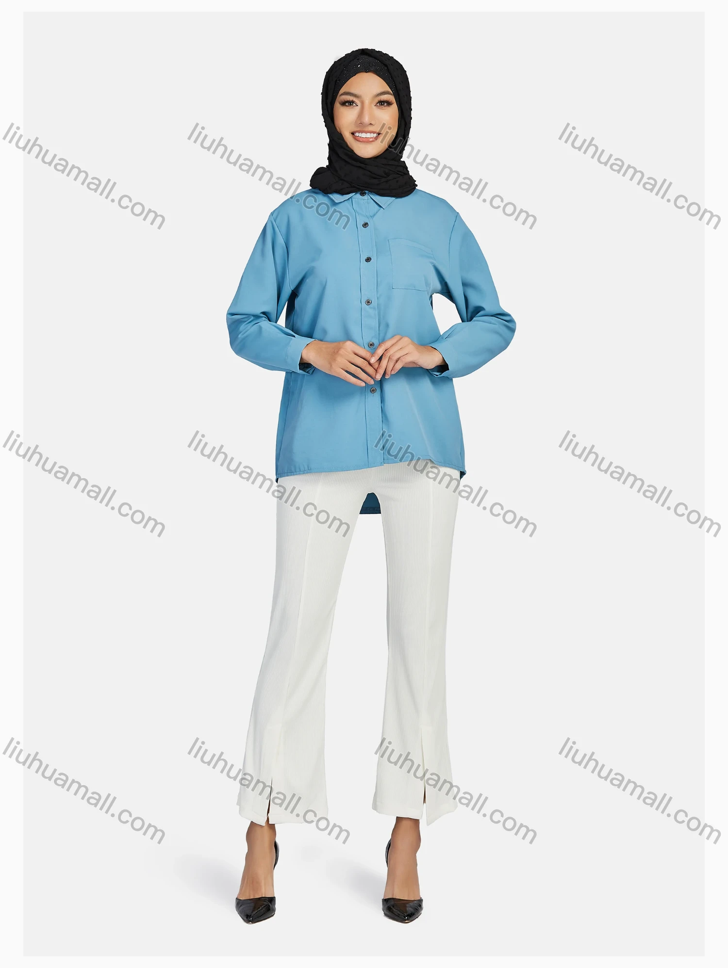 Wholesale Women's Elegant Elastic Waist Pleated Loose Casual Split Front Flare Trouser - Liuhuamall
