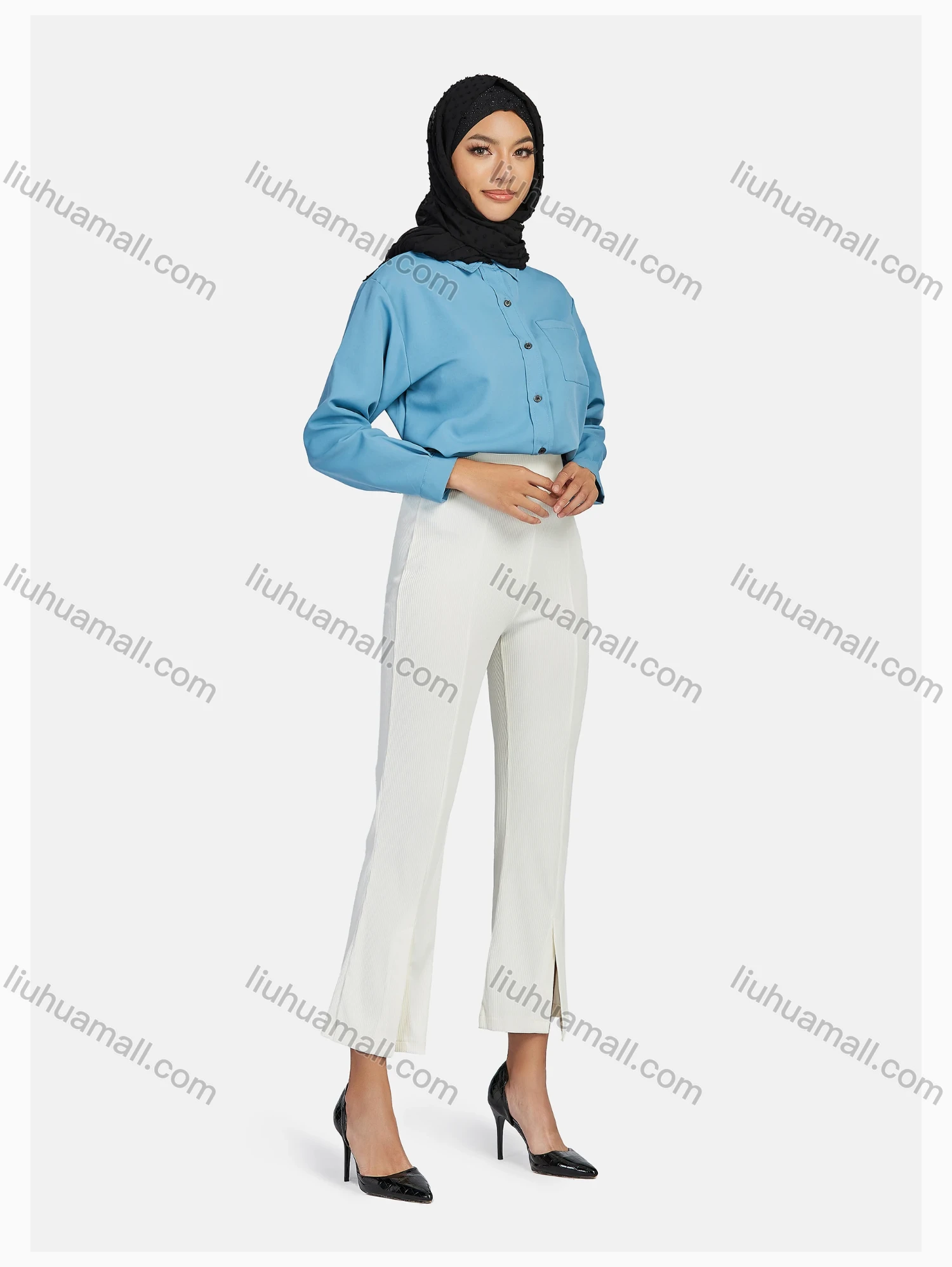 Wholesale Women's Elegant Elastic Waist Pleated Loose Casual Split Front Flare Trouser - Liuhuamall