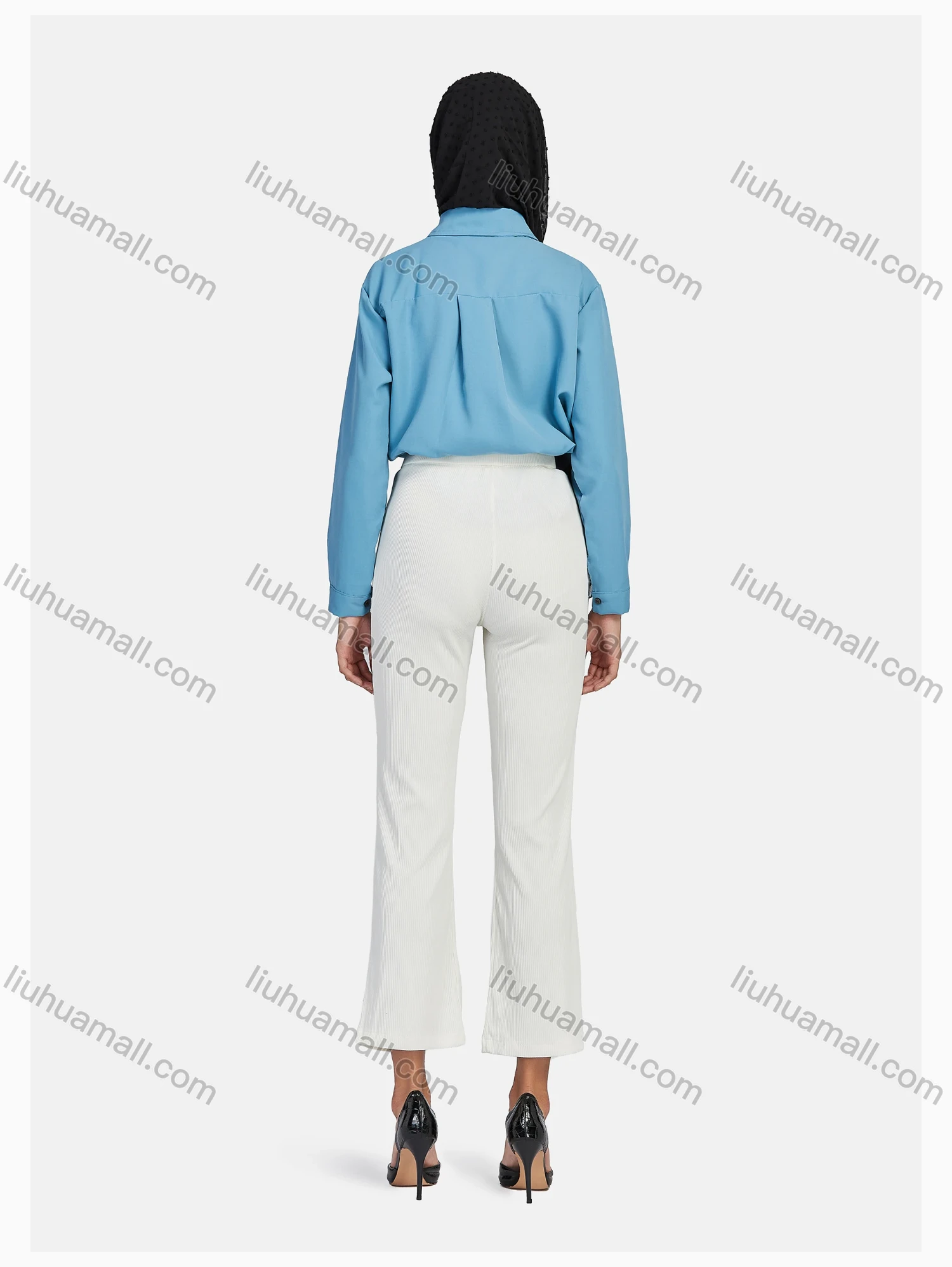 Wholesale Women's Elegant Elastic Waist Pleated Loose Casual Split Front Flare Trouser - Liuhuamall
